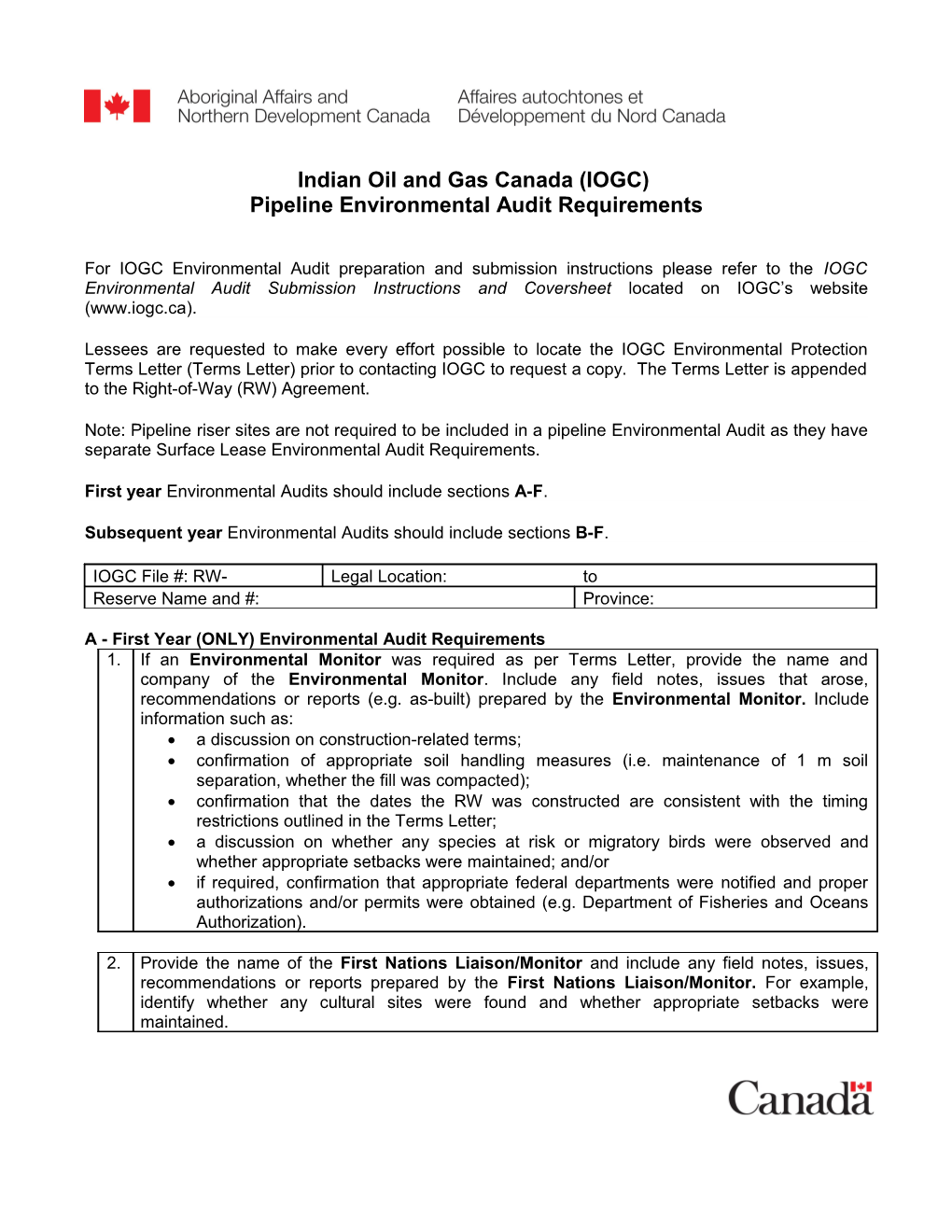Indian Oil and Gas Canada (IOGC) Pipeline Right-Of-Way (RW) Environmental Audits Requirements