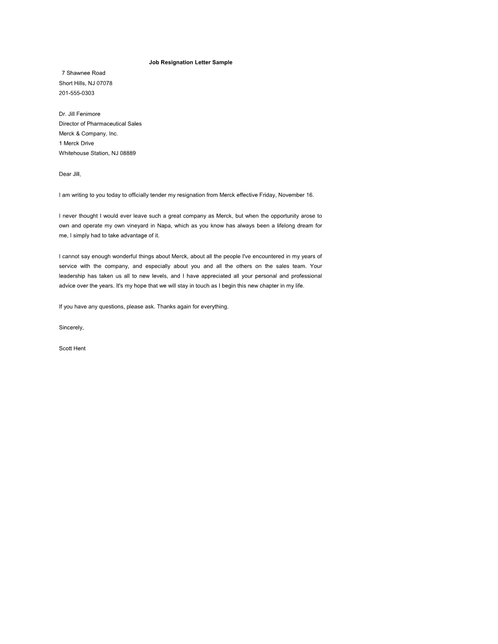 Job Resignation Letter Sample