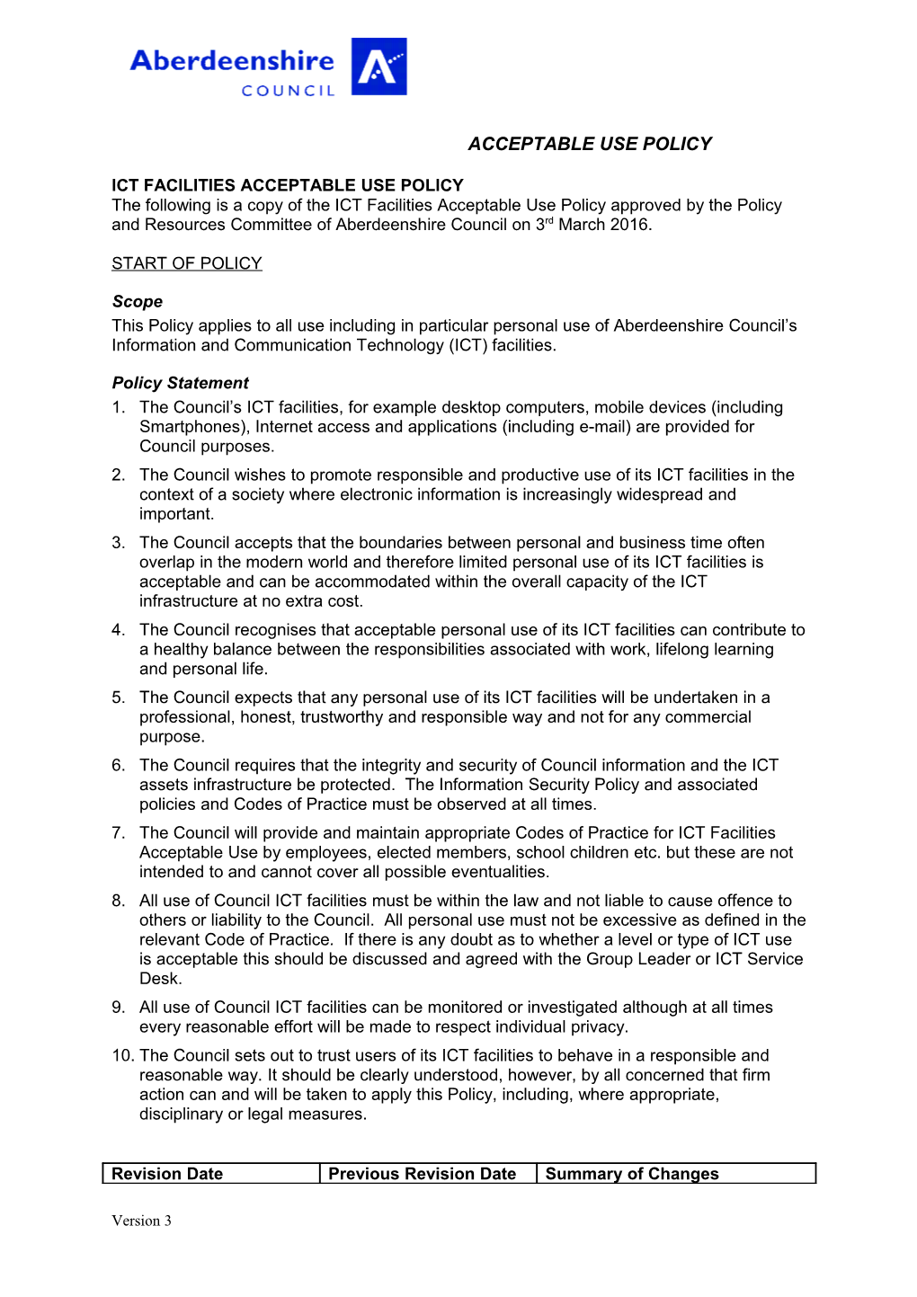 Ict Facilities Acceptable Use Policy