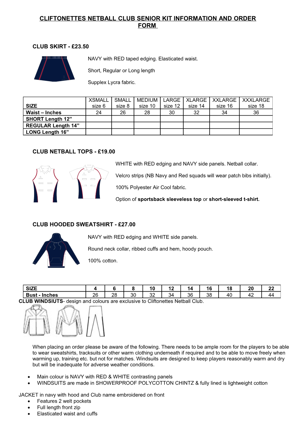 Cliftonettes Netball Club Kit Information and Order Form