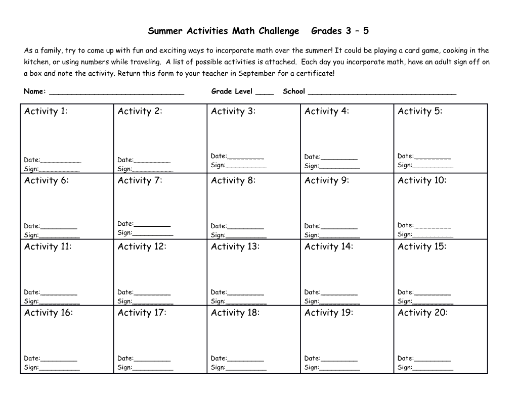 Summer Activities Math Challenge Grades 3 5