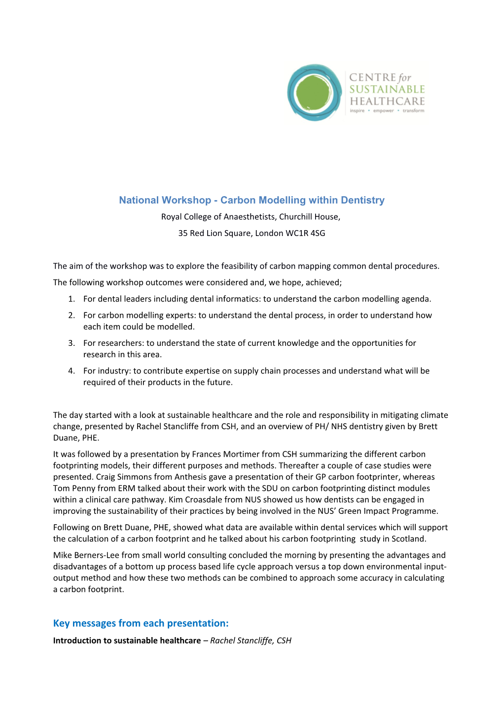 National Workshop- Carbon Modelling Within Dentistry