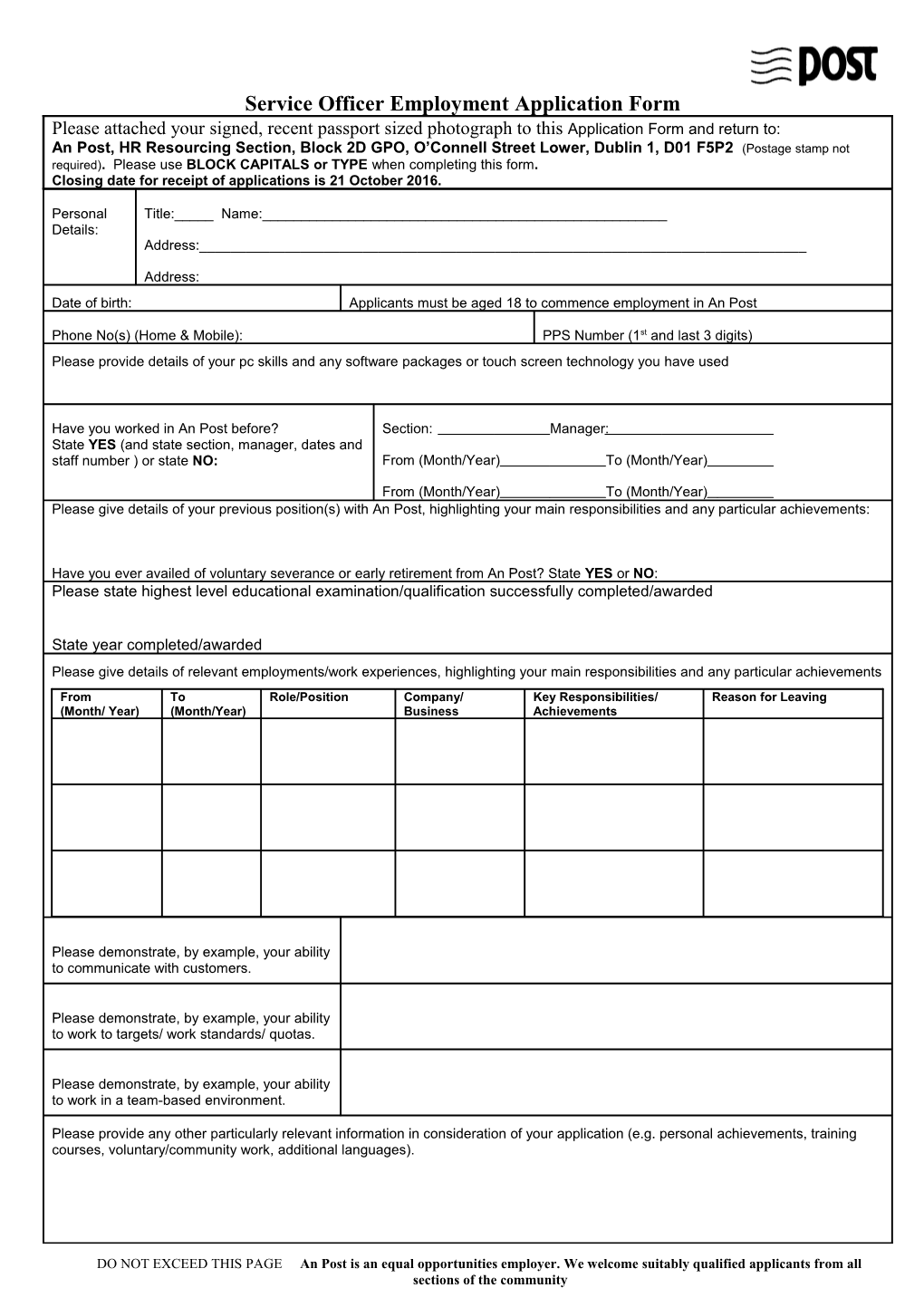 Service Officeremployment Application Form