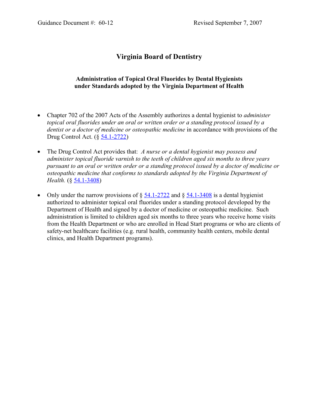 Virginia Board of Dentistry - Guidance Document 60-12