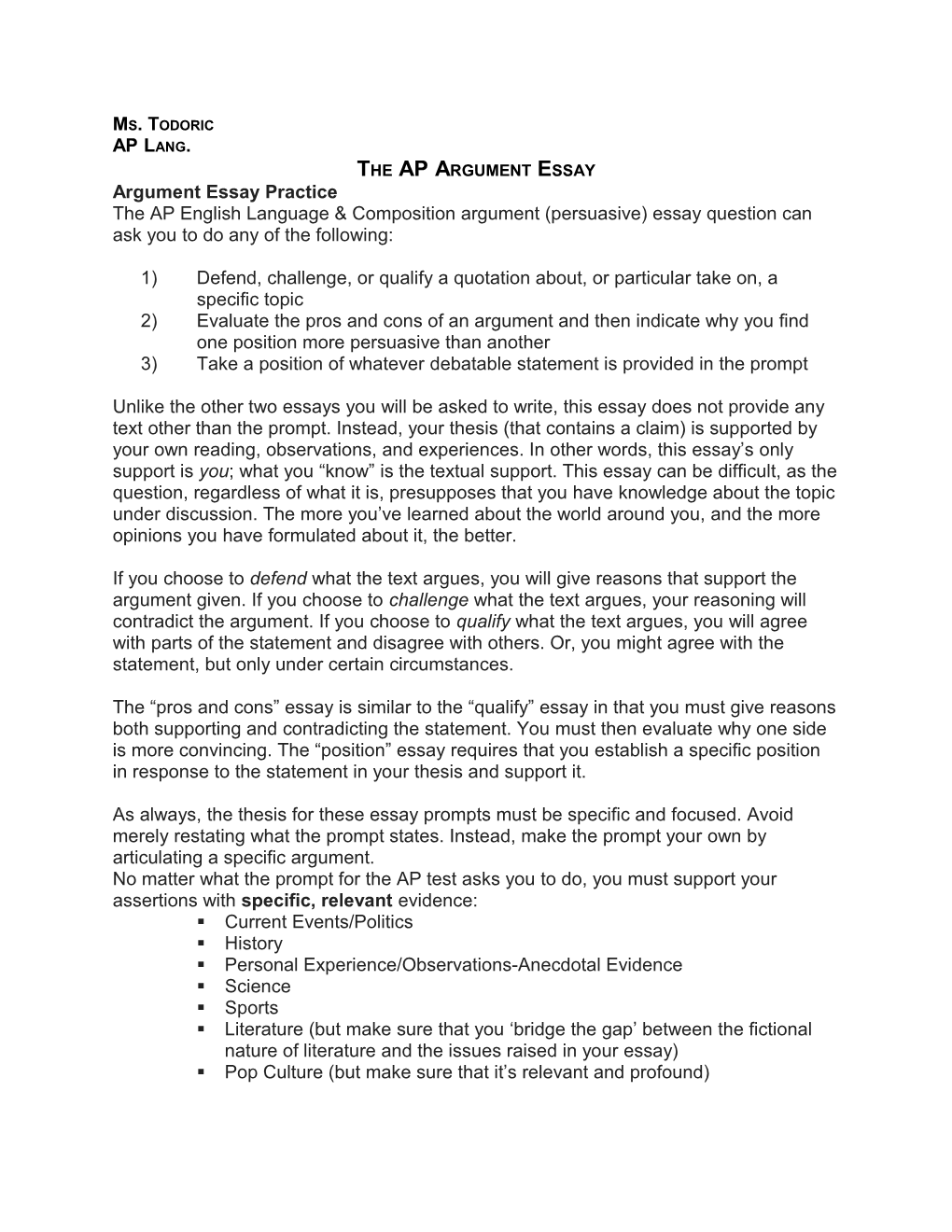 The Ap Argument Essay