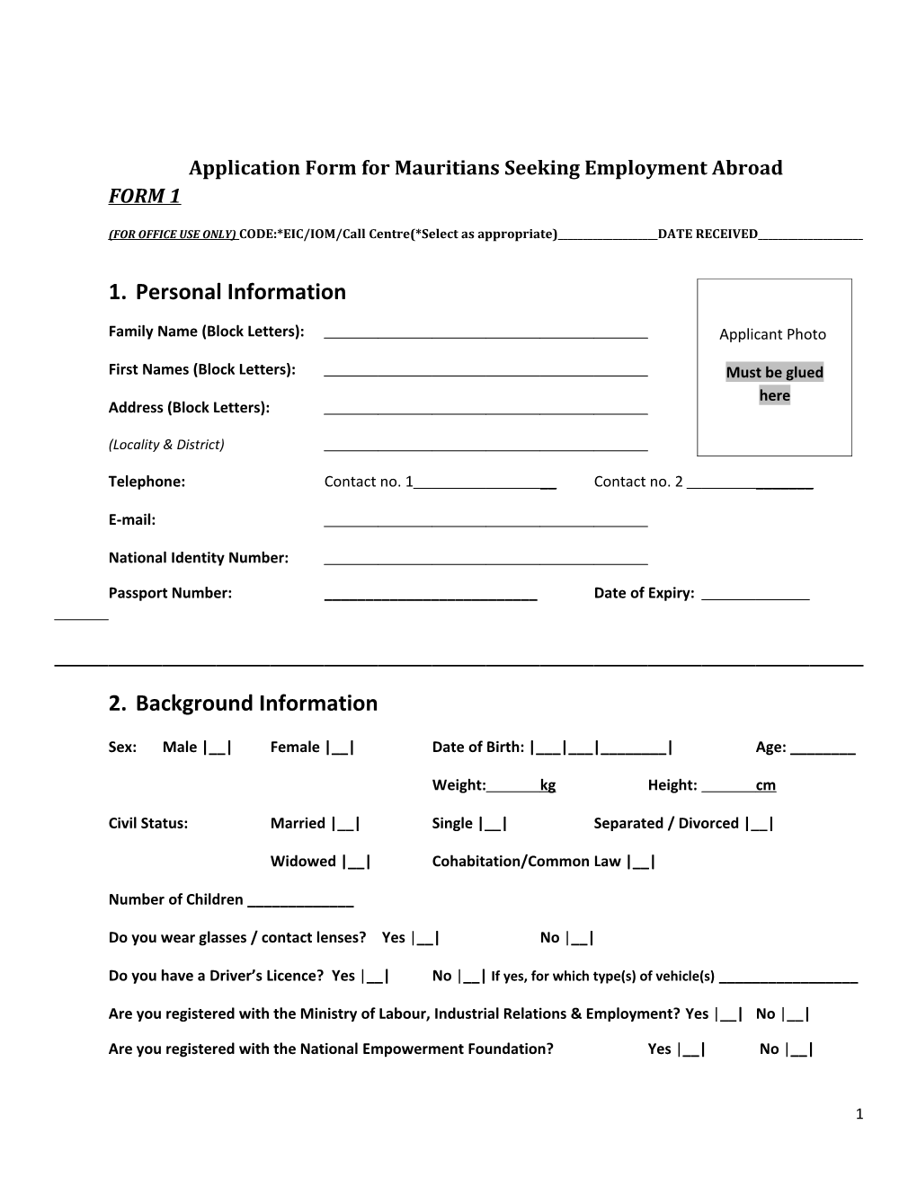 Application Form for Mauritians Seeking Employment Abroad