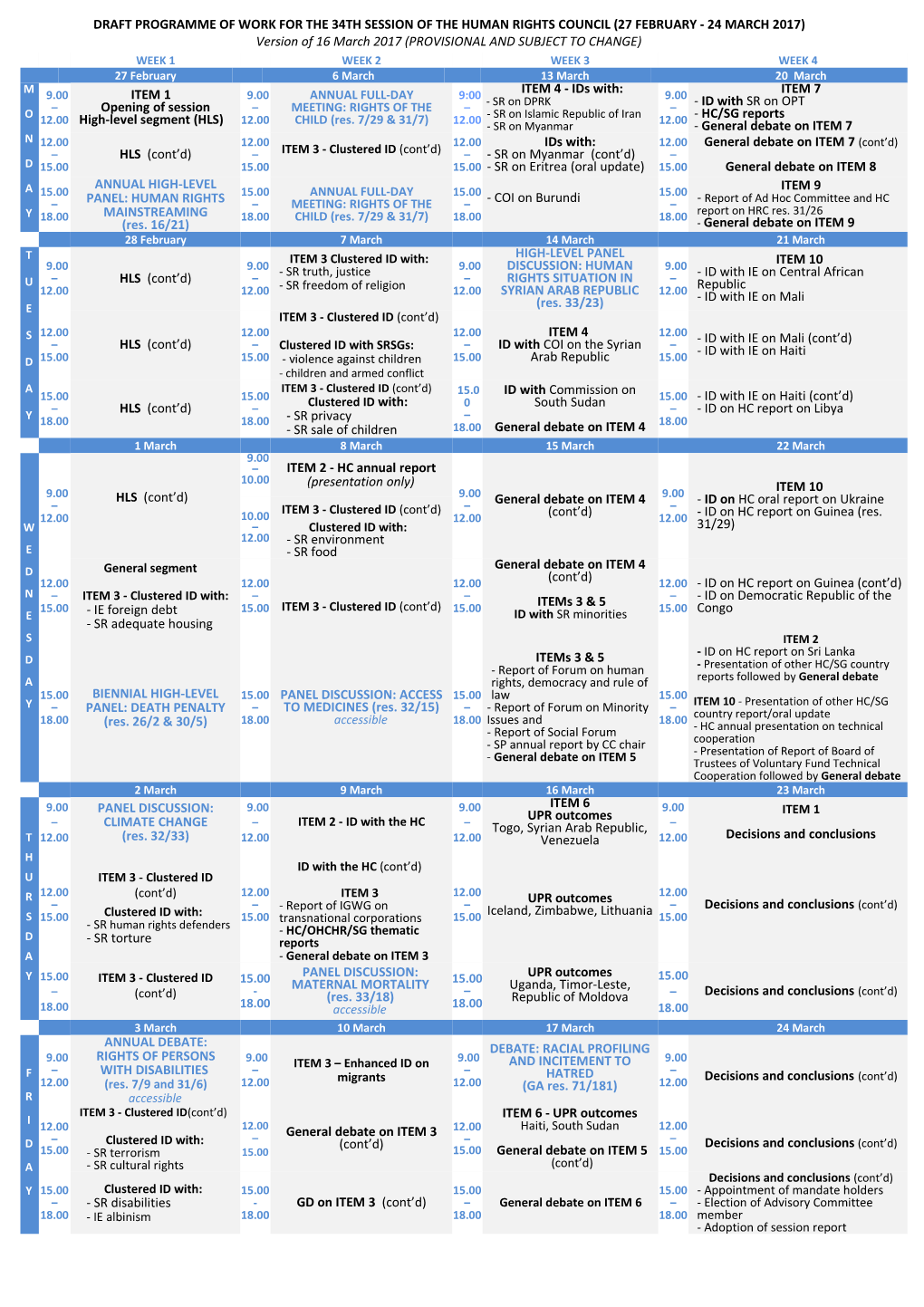PROGRAMME of WORK for the 34Th SESSION of the HUMAN RIGHTS COUNCIL