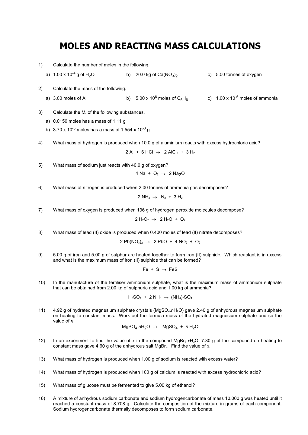 Moles and Reacting Mass Calculations L6