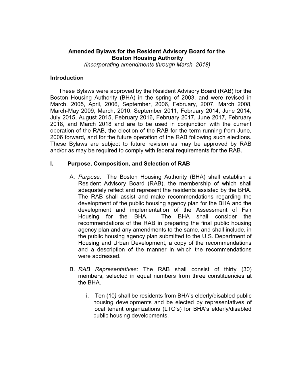 Operating Procedures for the Resident Advisory Board for The