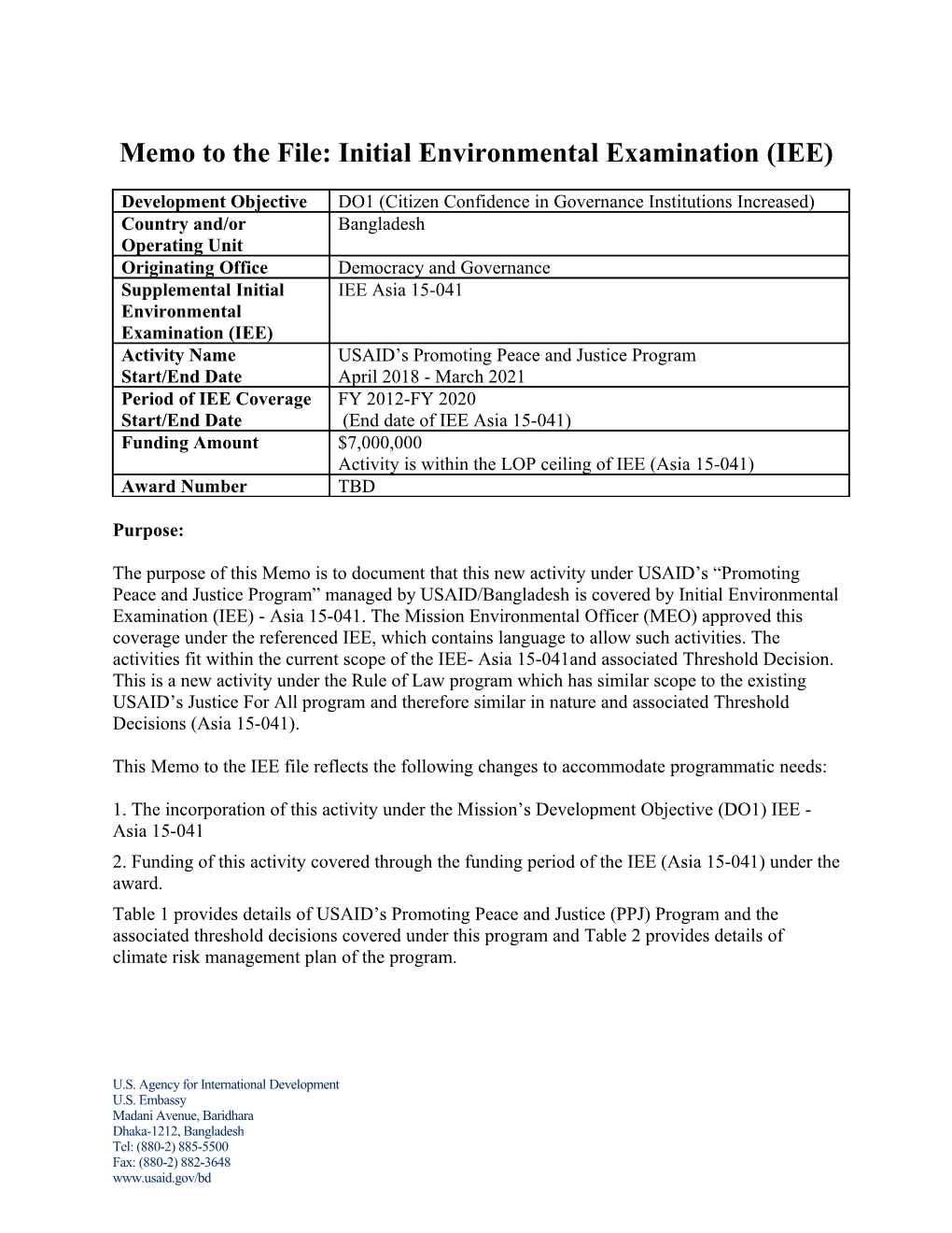 Memo to the File: Initial Environmental Examination (IEE)