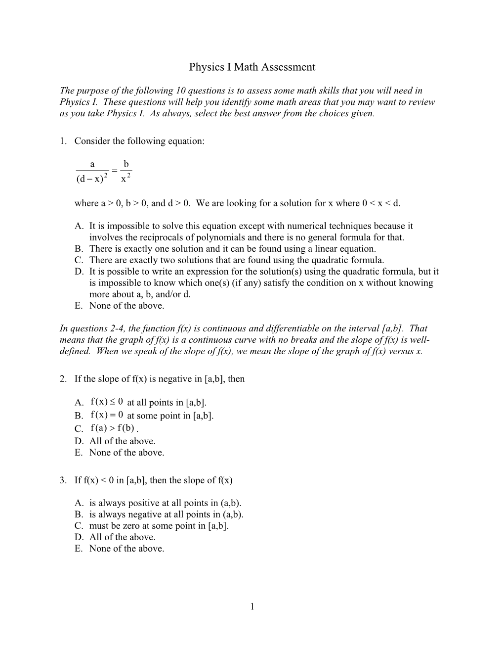 Physics I Math Assessment s1