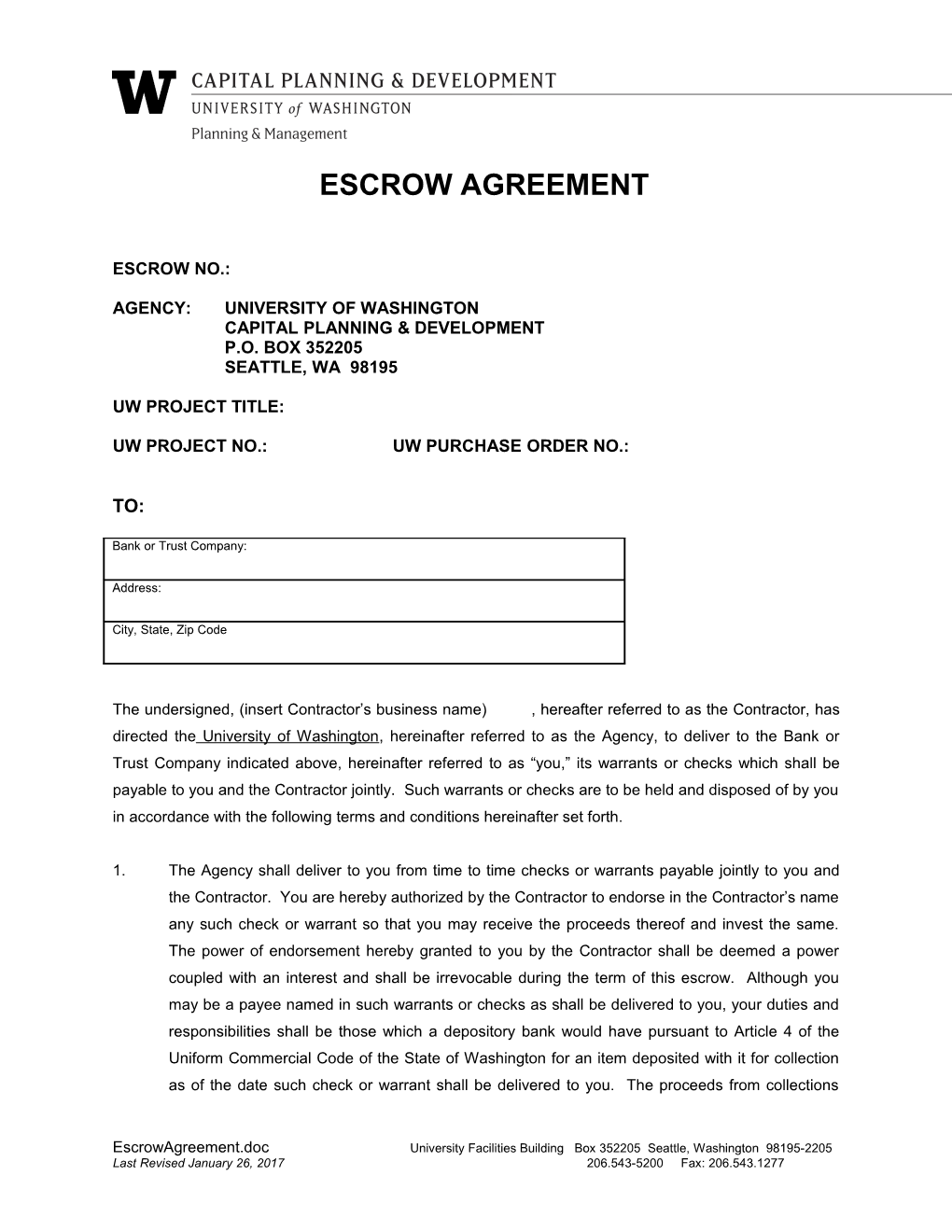 Escrow Agreement University of Washington