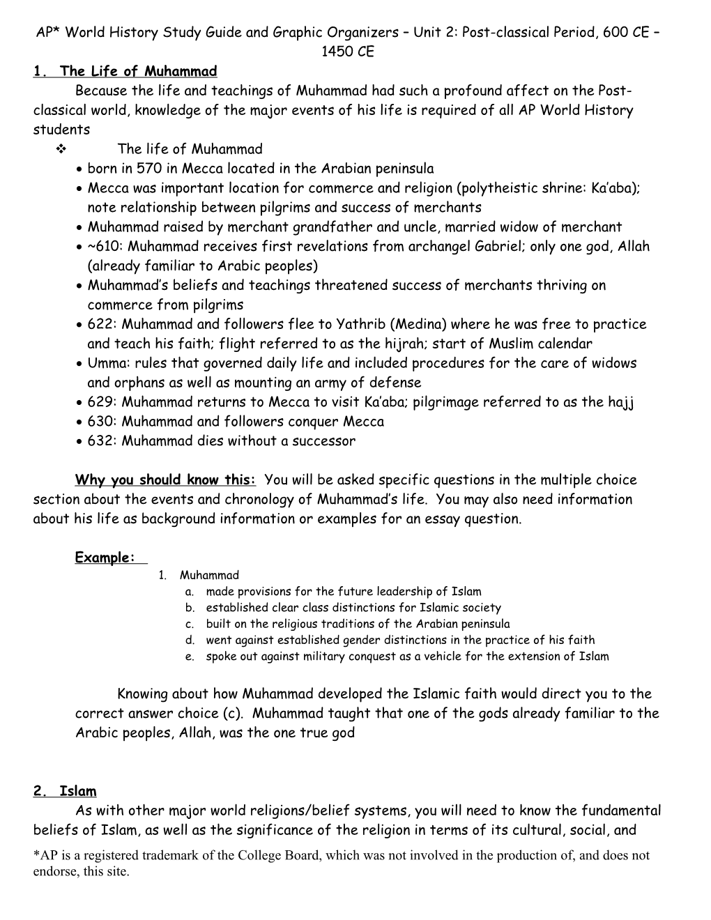 AP World History Study Guide And Graphic Organizers – Unit 2: Post-Classical Period, 600 CE – 1450 CE