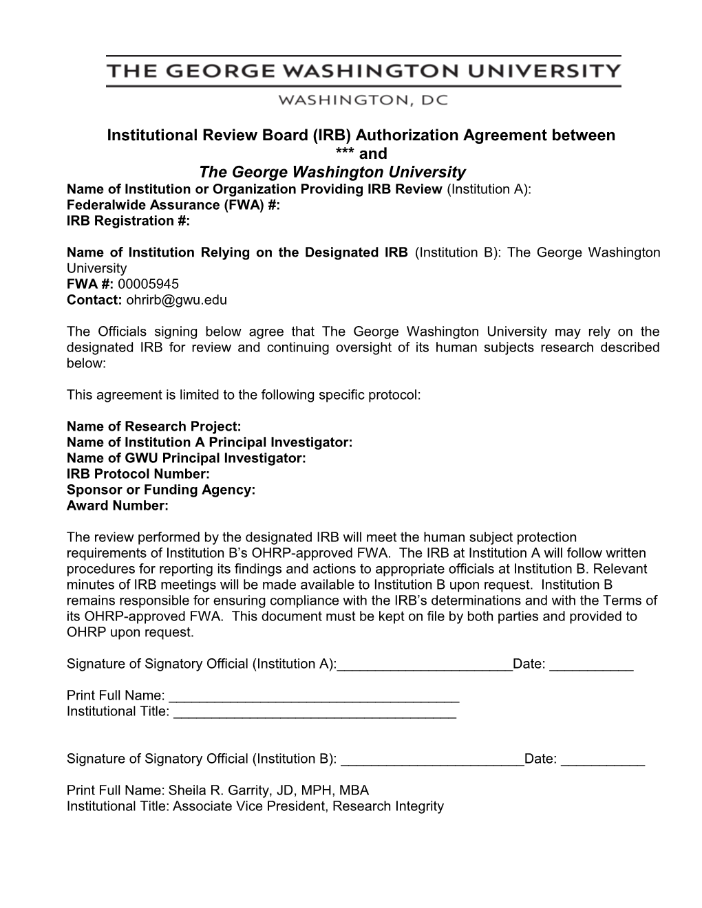 Sample Text for an Institution with a Federalwide Assurance (FWA) to Rely on the IRB/IEC