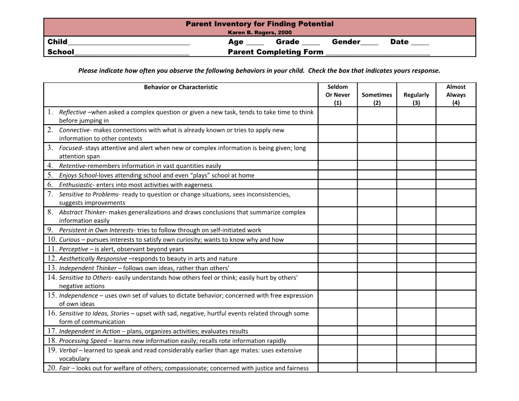 Parent Inventory for Finding Potential