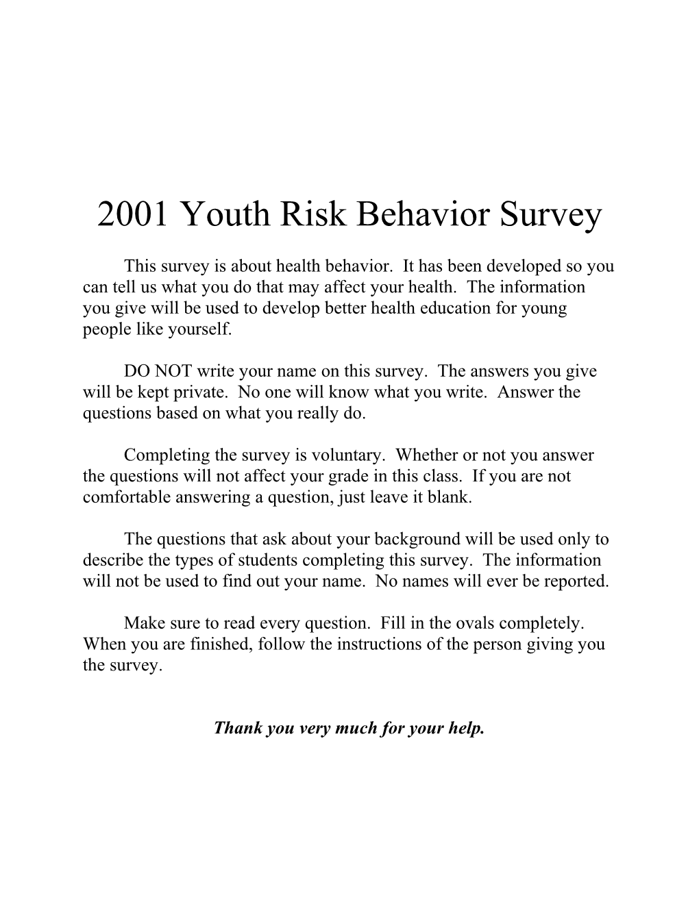 2001 Youth Risk Behavior Survey
