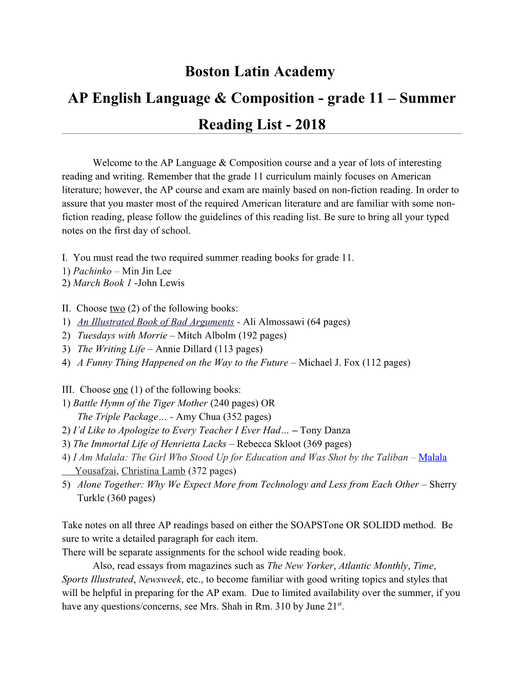 AP English Language & Composition - Grade 11 Summer Reading List- 2018