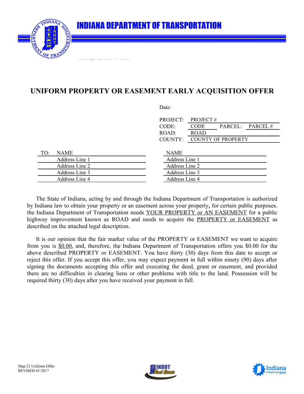 UNIFORM PROPERTY OR EASEMENT Early ACQUISITION OFFER