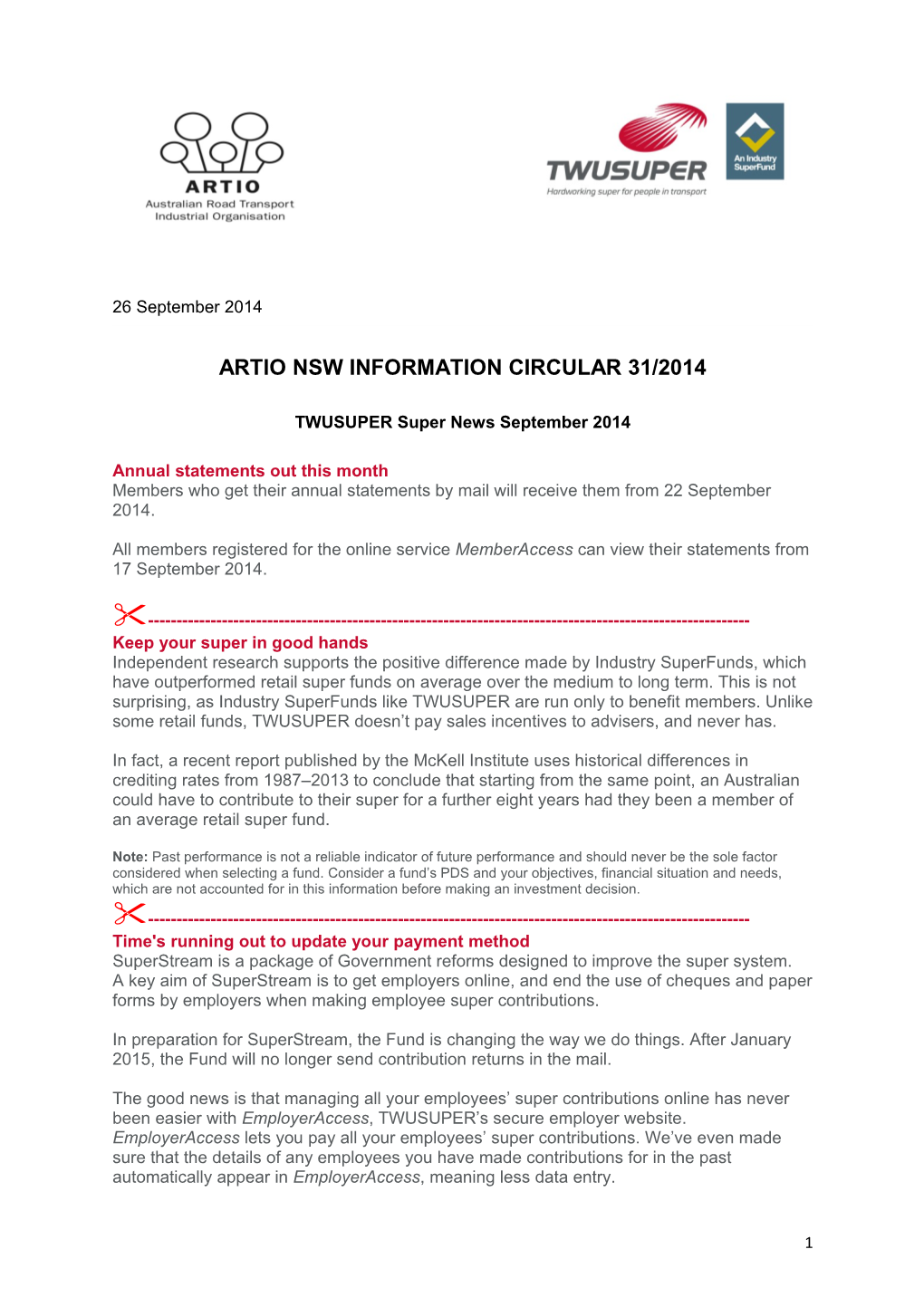 Artio Nsw Information Circular 31/2014