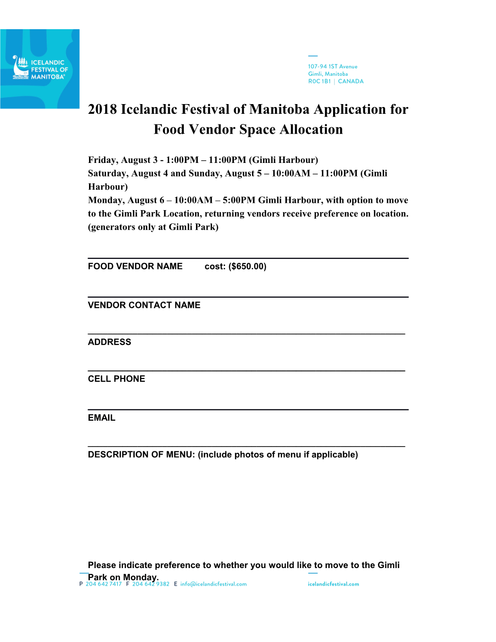 2018 Icelandic Festival of Manitoba Application for Food Vendor Space Allocation