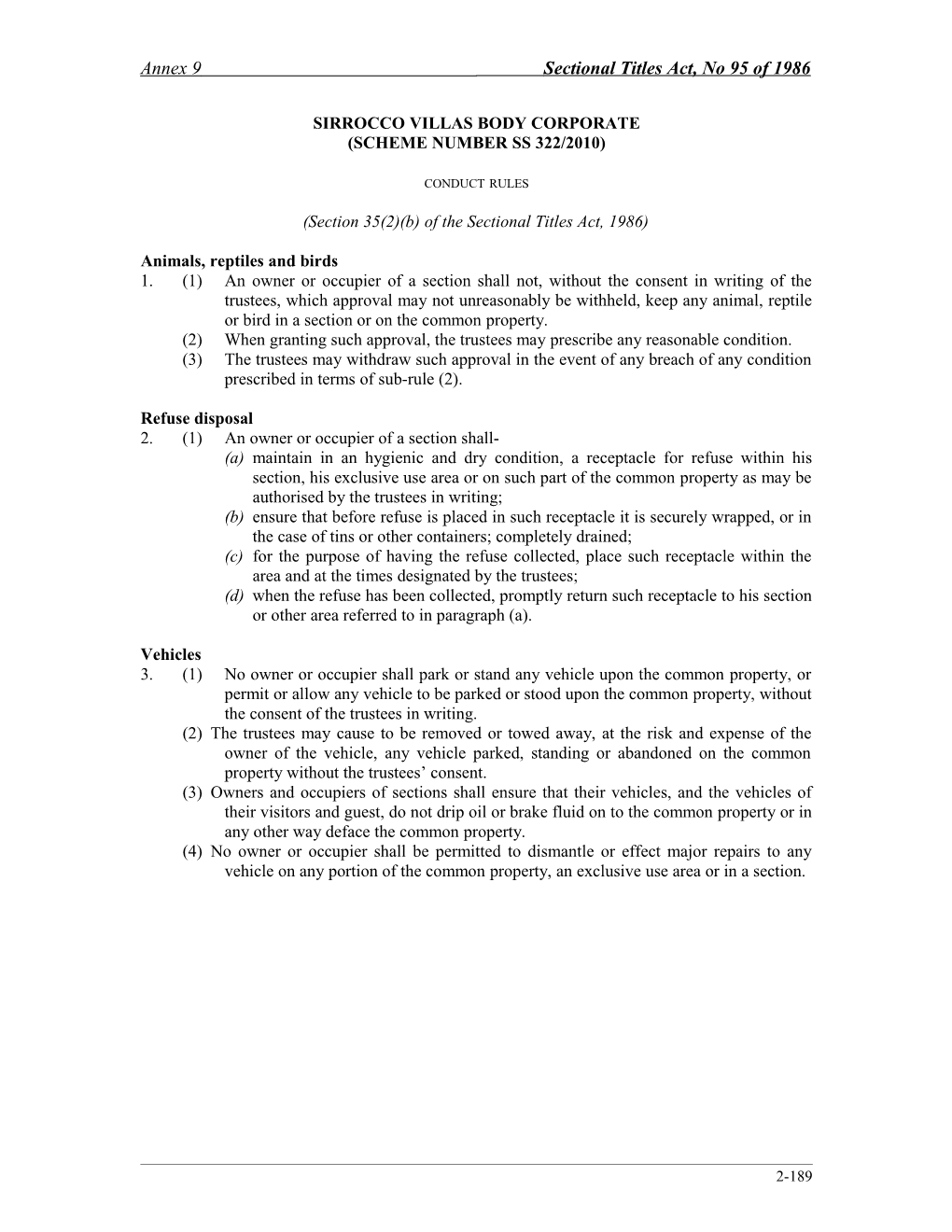 Annex 9 Sectional Titles Act, No 95 of 1986