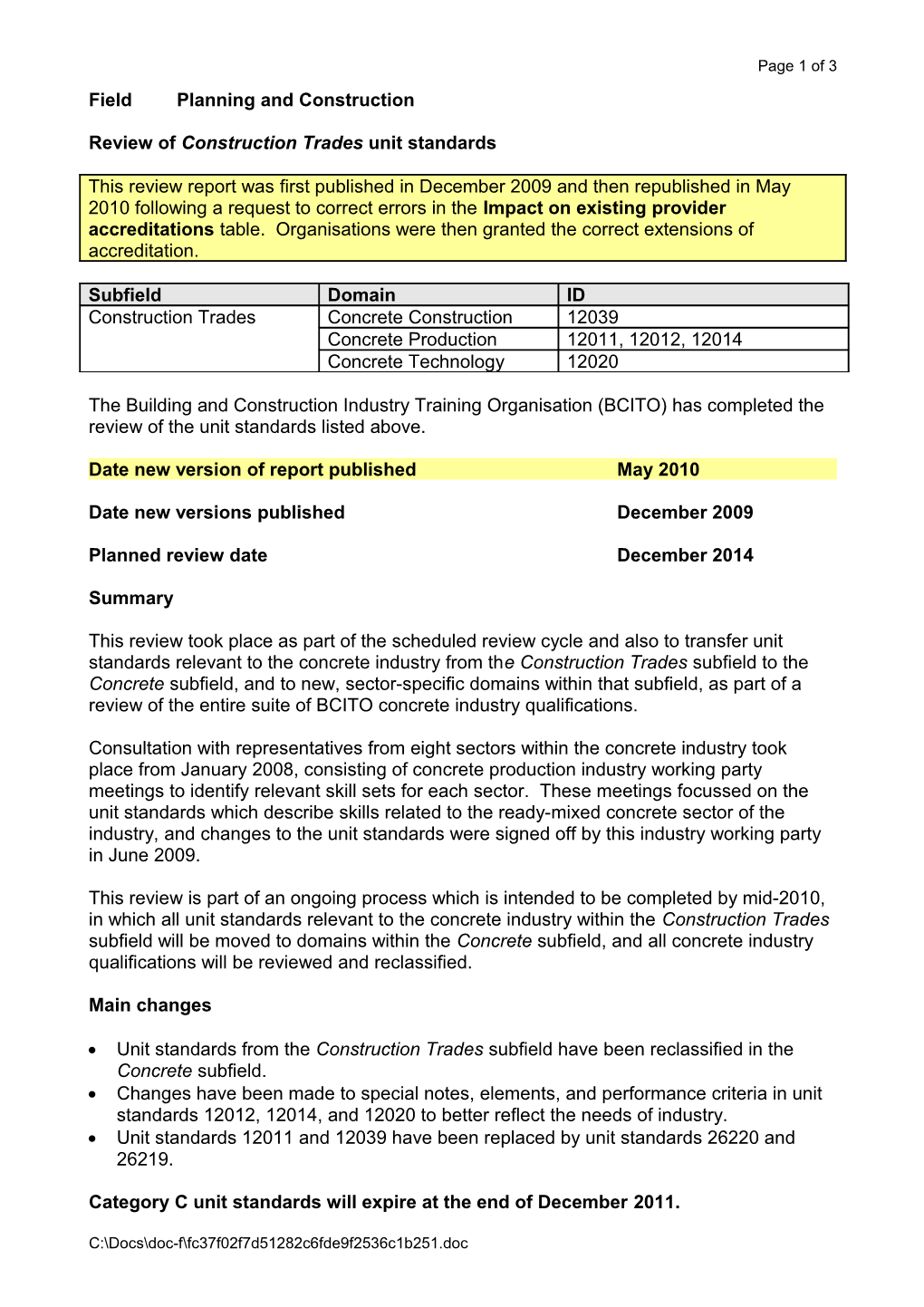 Review of Construction Trades Unit Standards