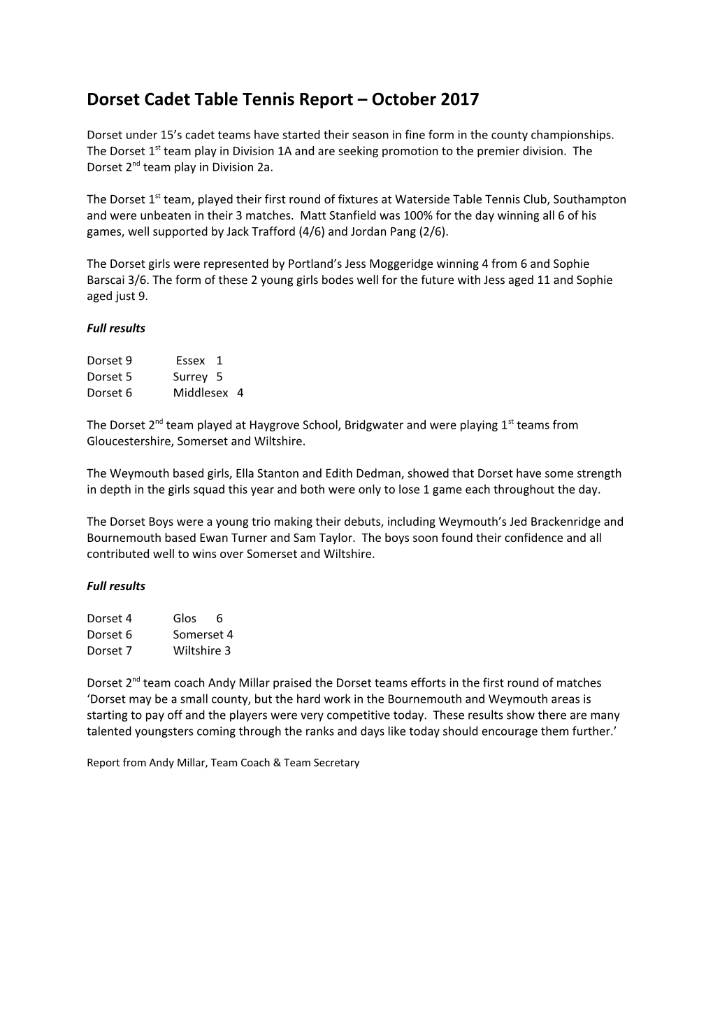 Dorset Cadet Table Tennis Report October 2017