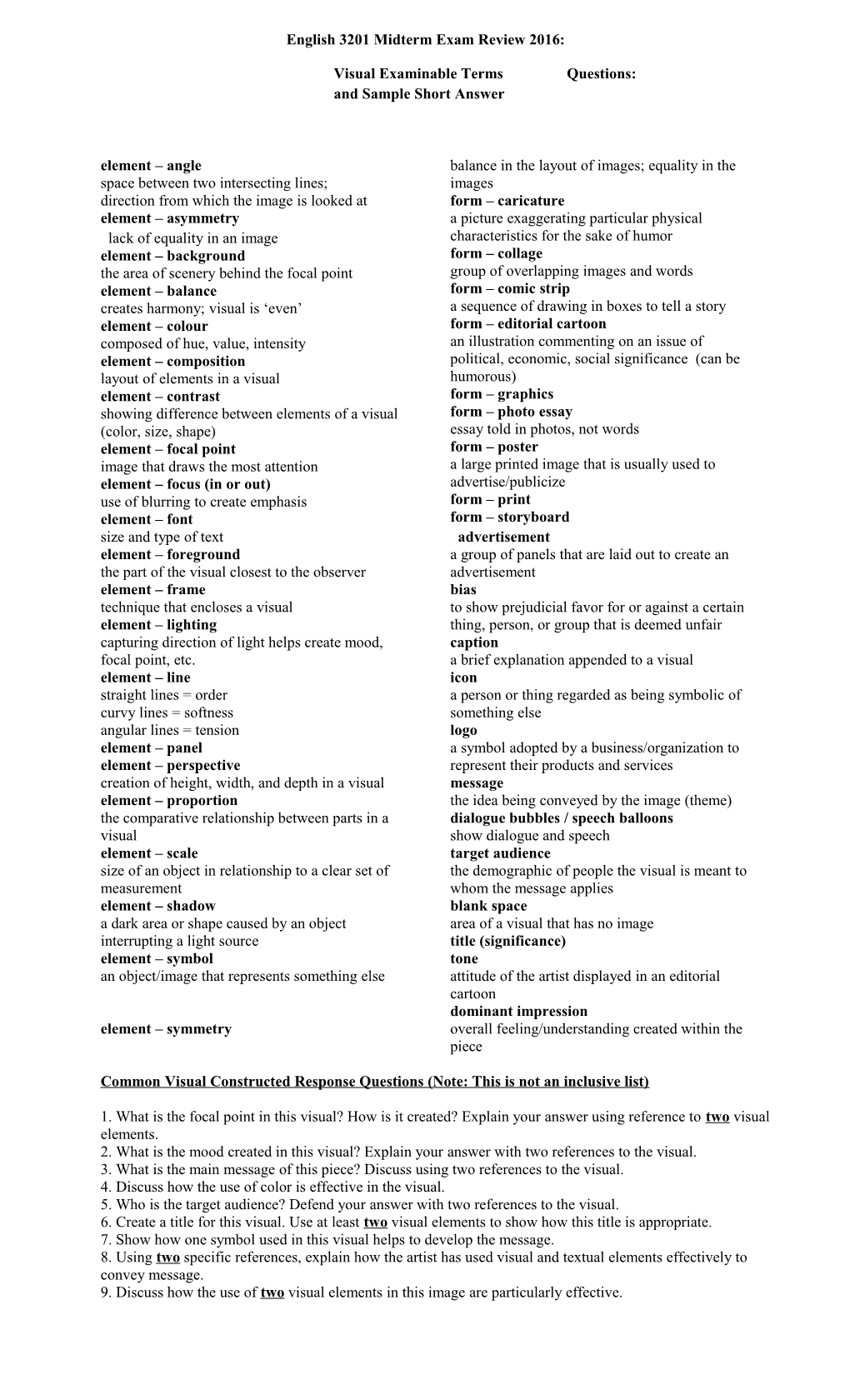 Visual Examinable Terms and Sample Short Answer Questions