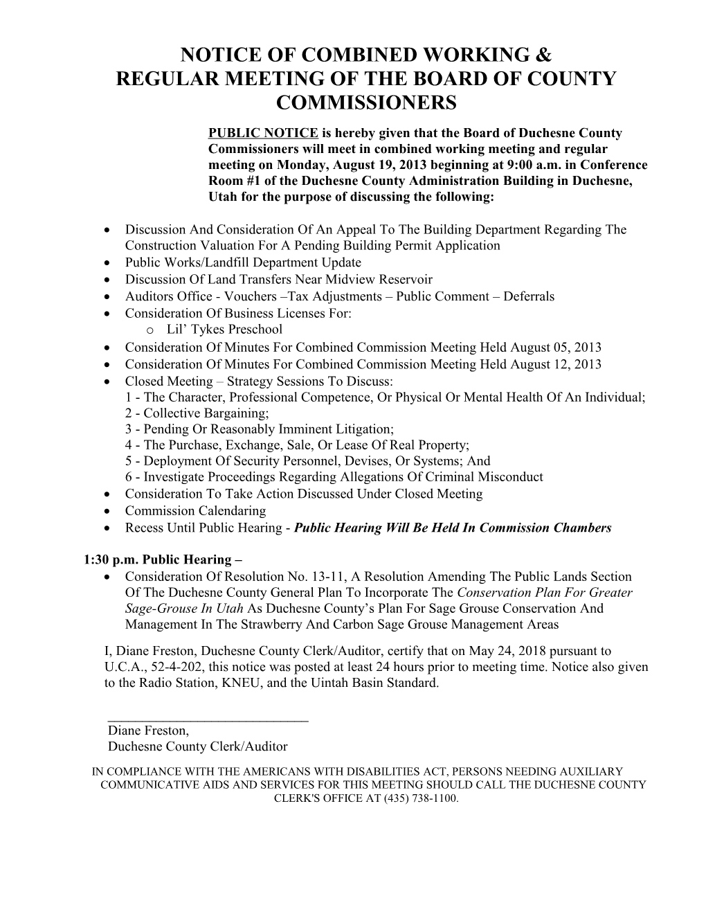 NOTICE of WORKING MEETING Dec 10, 2001 s2