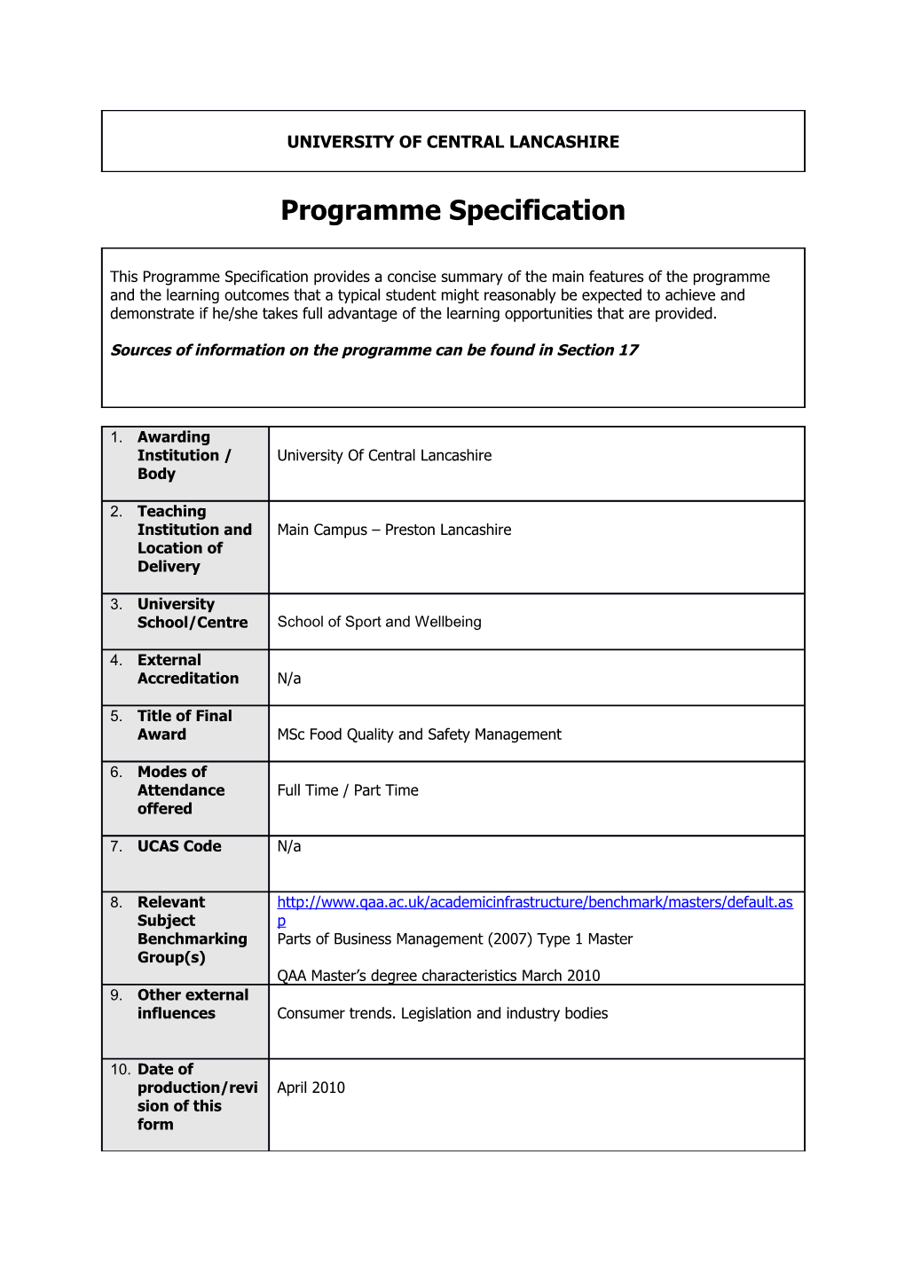 Msc Food Quality and Safety Management (Sept 2010)