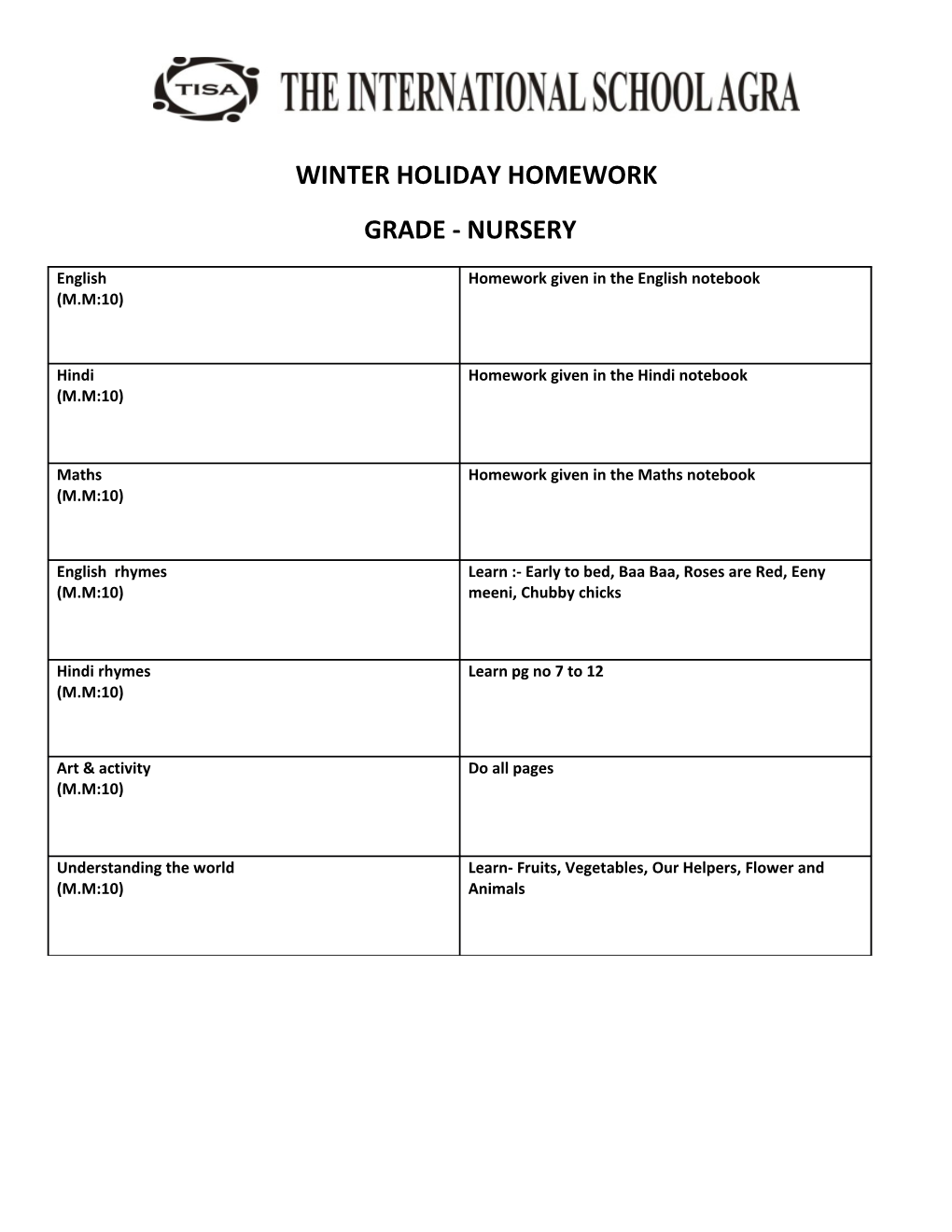 Winter Holiday Homework