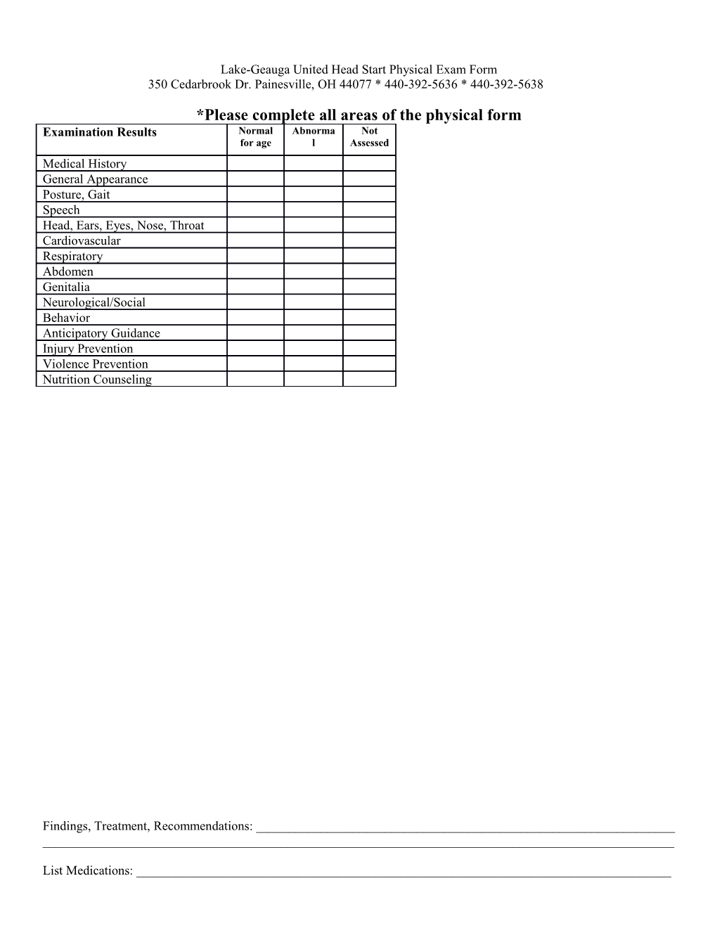 Lake-Geauga United Head Start Physical Exam Form
