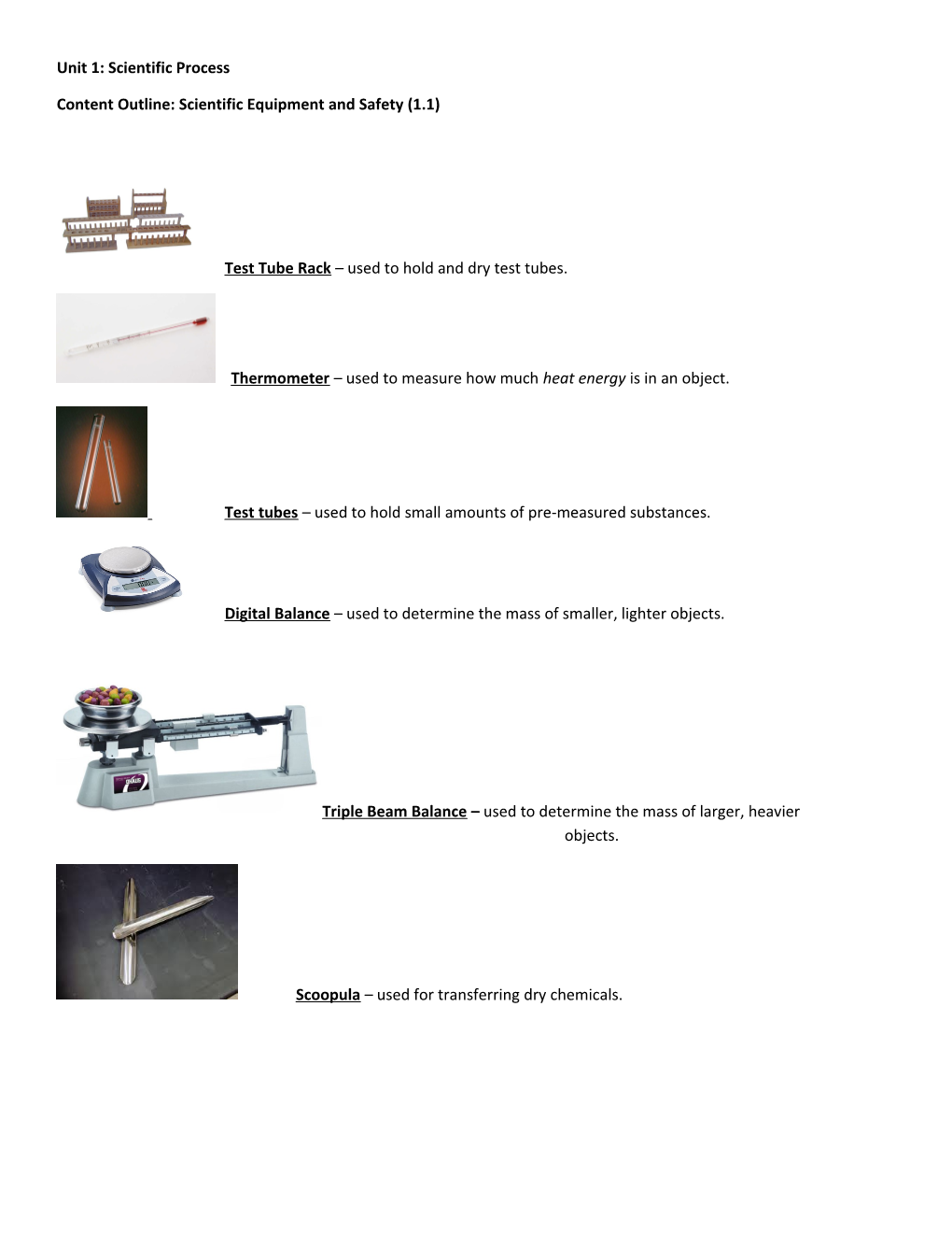 Content Outline: Scientific Equipment and Safety (1.1)