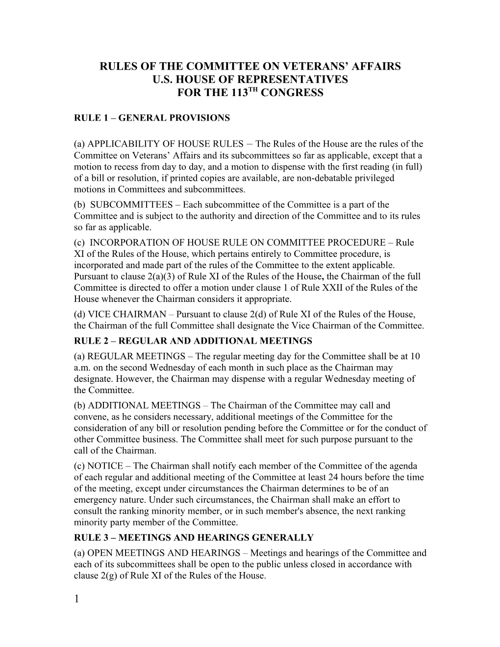 Rules of the Committee on Veterans Affairs