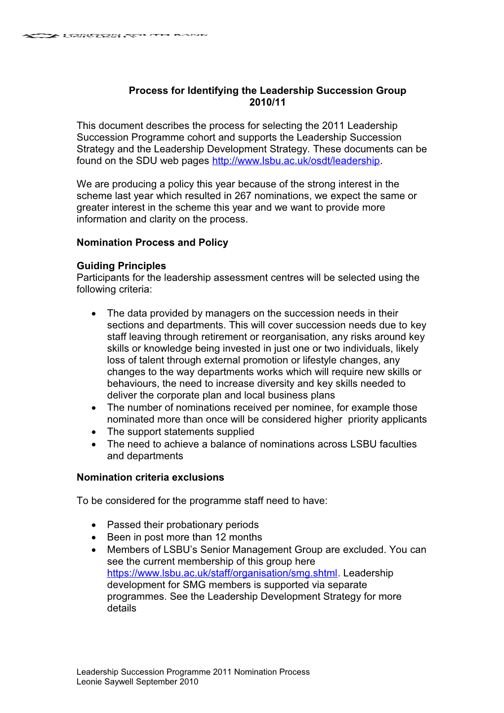 Process for Identifying the Leadership Succession Group