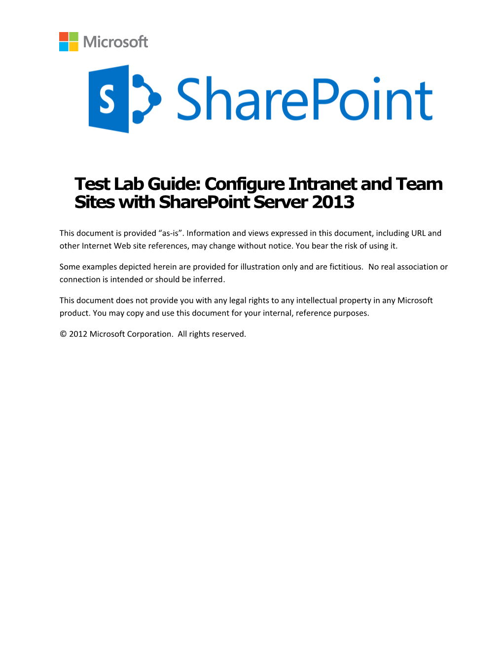 Test Lab Guide: Configure Intranet and Team Sites with Sharepoint Server 2013