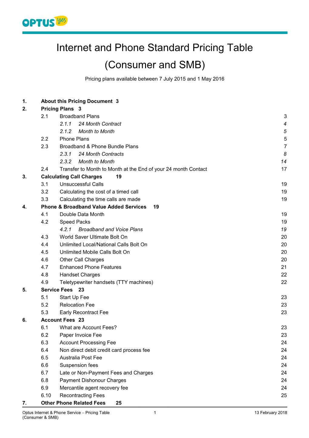 Internet and Phone Standard Pricing Table