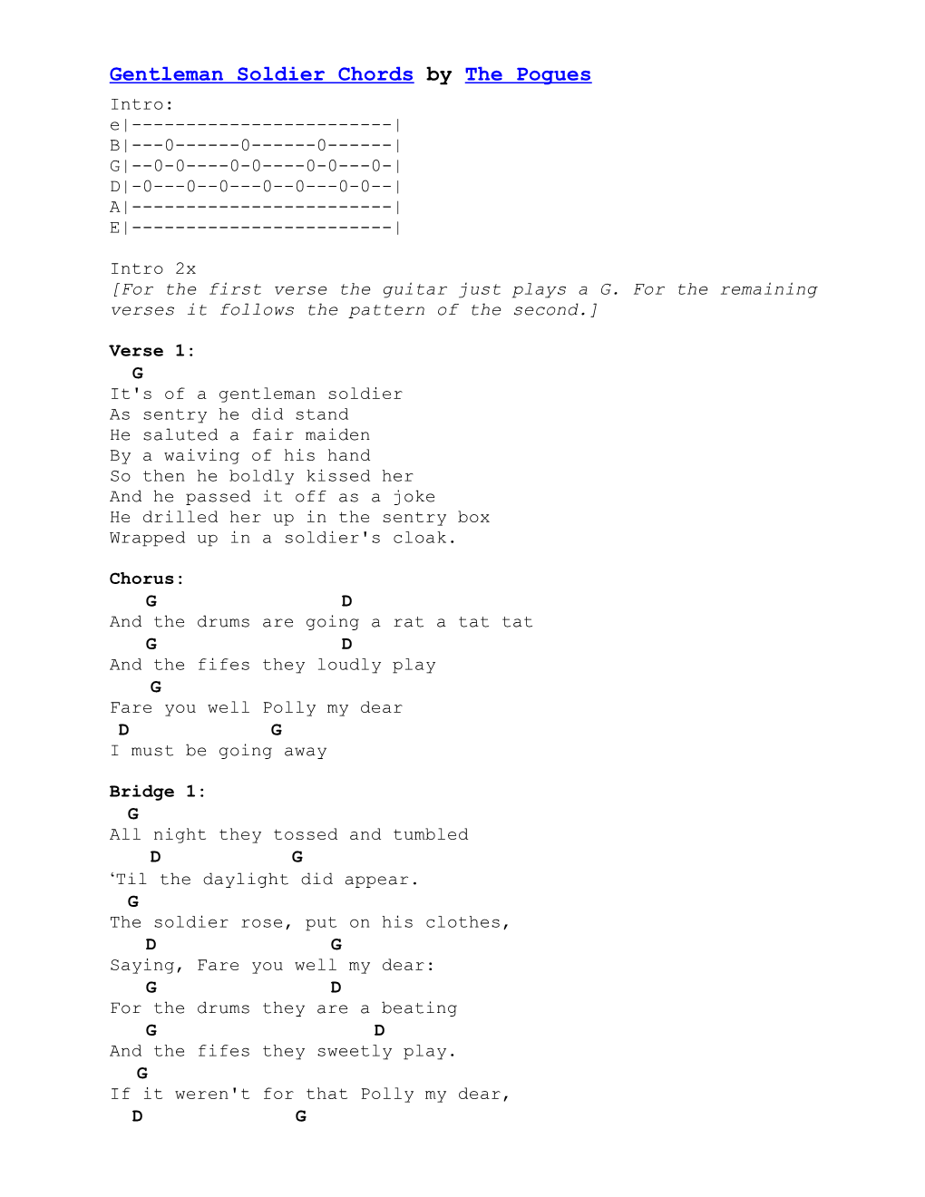 Gentleman Soldier Chords by the Pogues