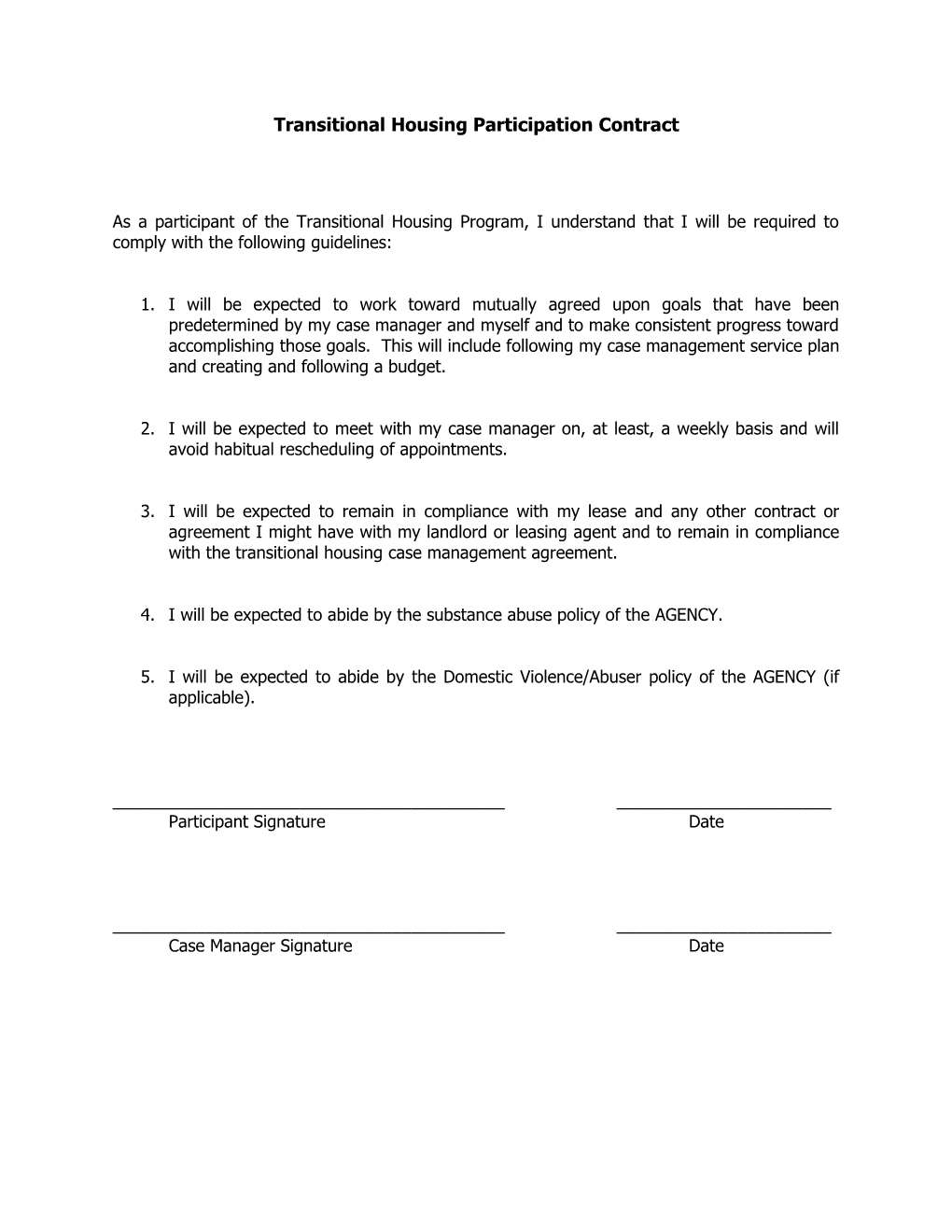 Transitional Housing Participation Contract