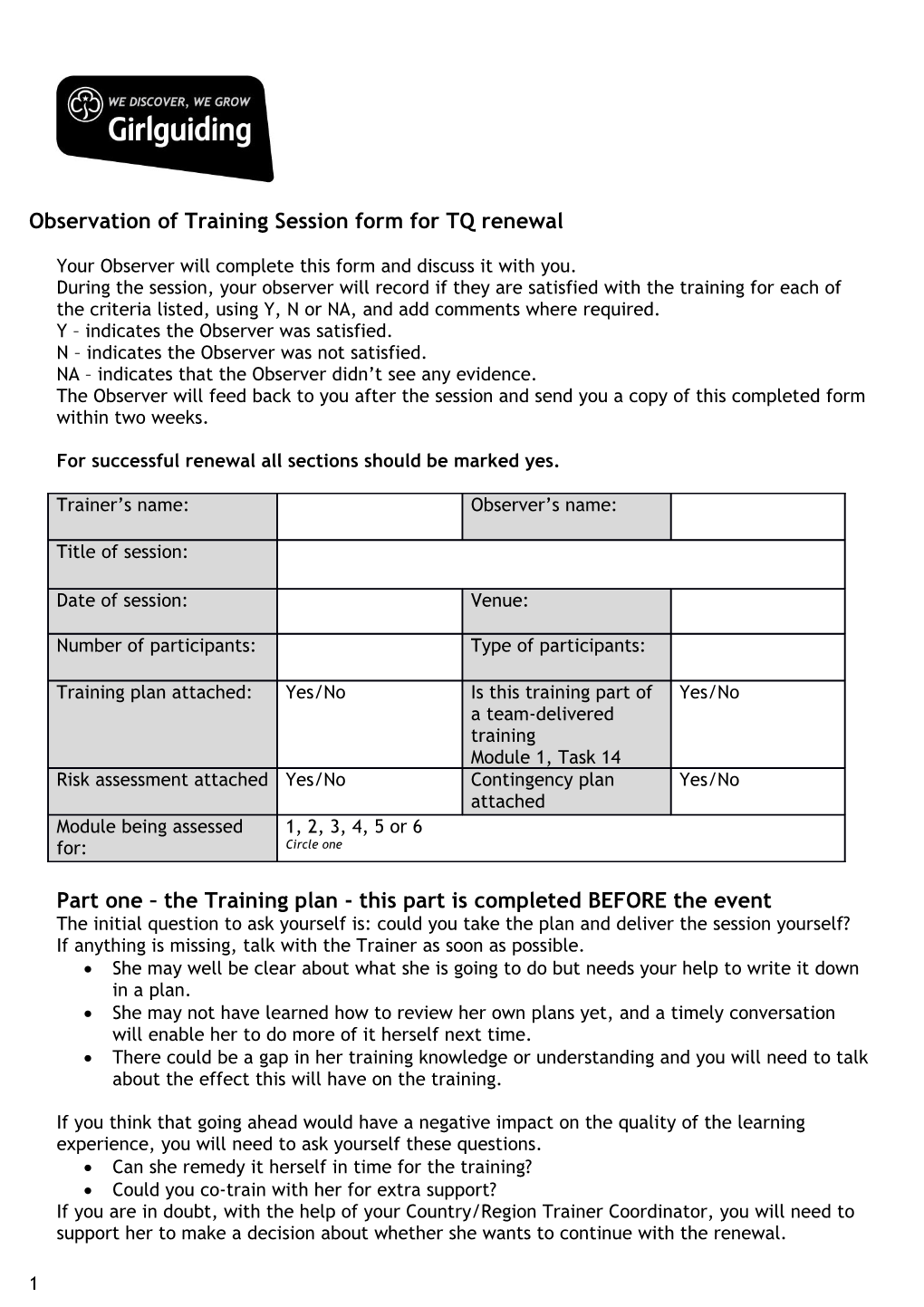 Observation of Training Session Form for TQ Renewal