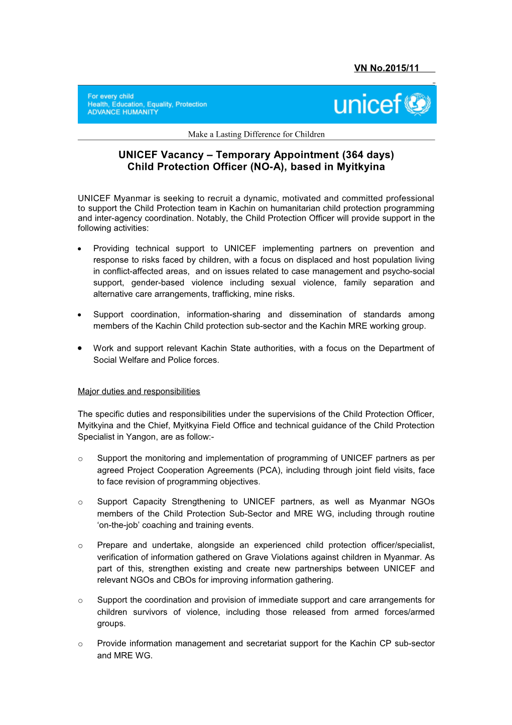 UNICEF Vacancy Temporary Appointment (364 Days)