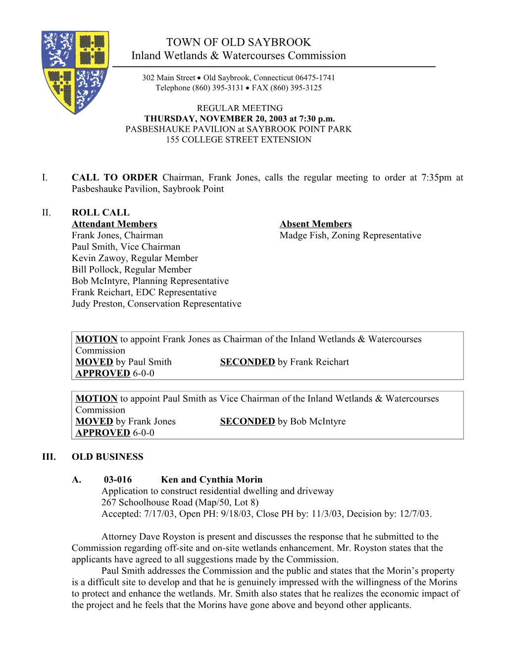 Old Saybrook Inland Wetlands & Watercourses Commission Minutes November 20, 2003