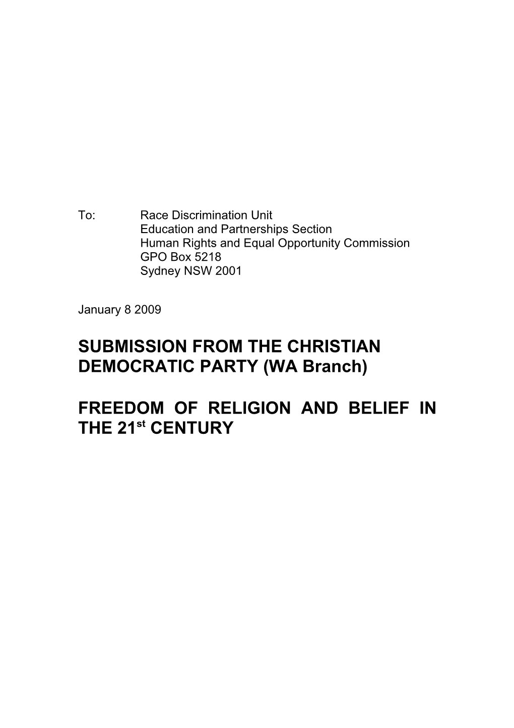 Submission on Freedom of Religion and Belief in the 21St Century