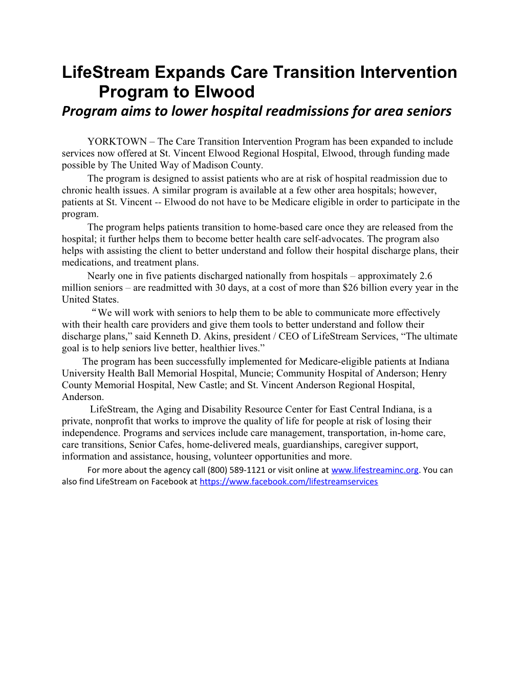 Lifestream Expands Care Transition Intervention Program to Elwood