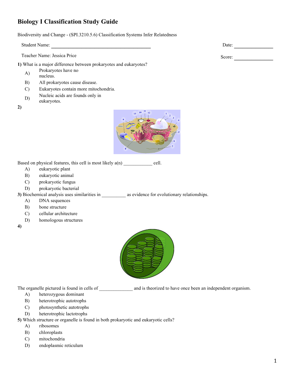 Biology I Classification Study Guide
