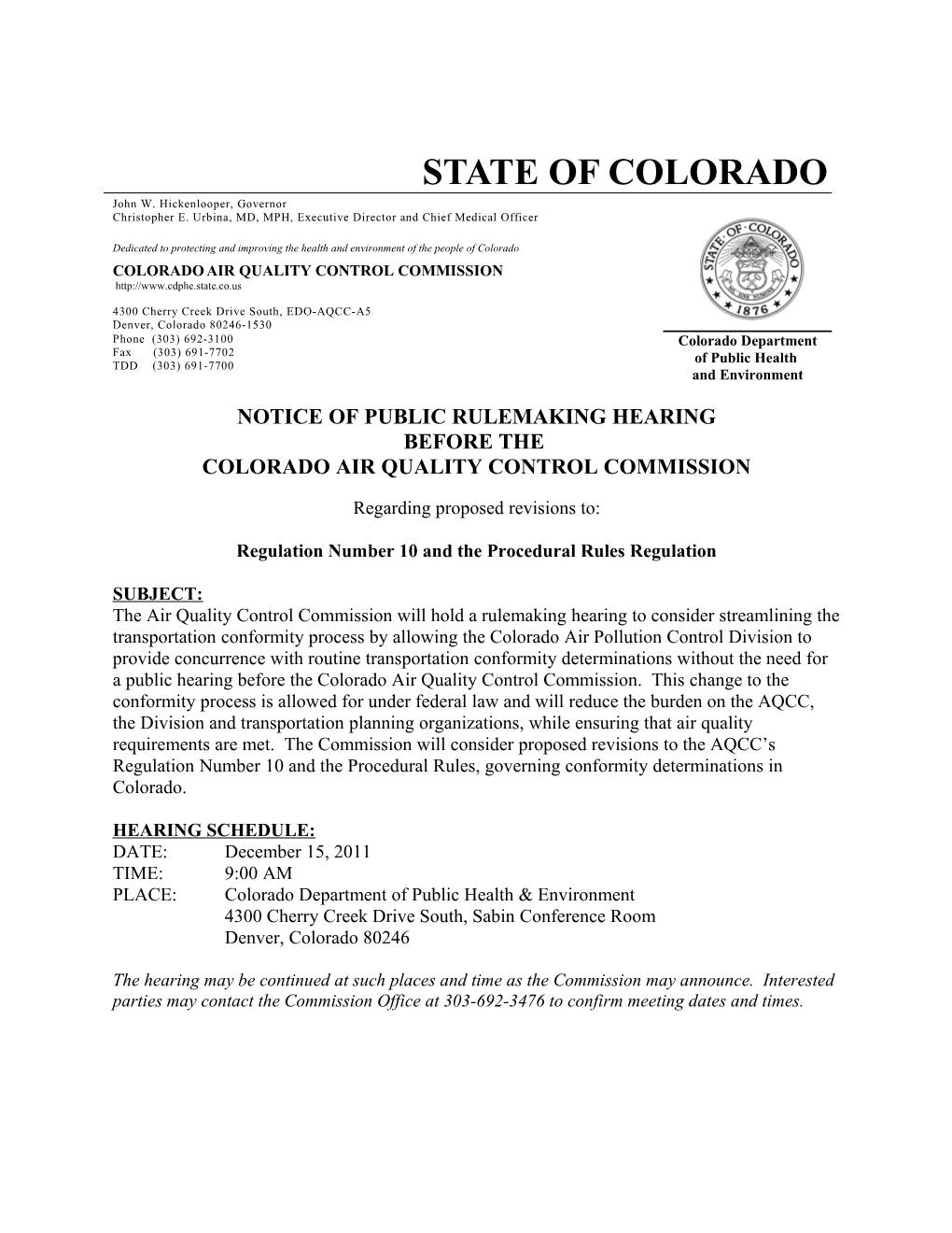 Notice of Public Rulemaking Hearing