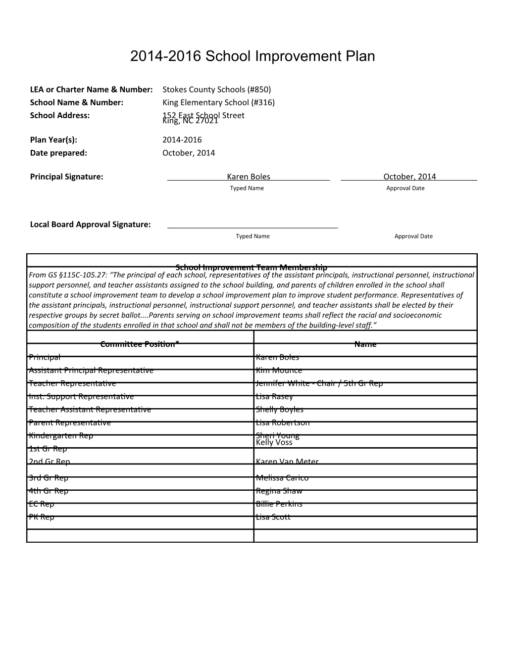 2014-2016 School Improvement Plan