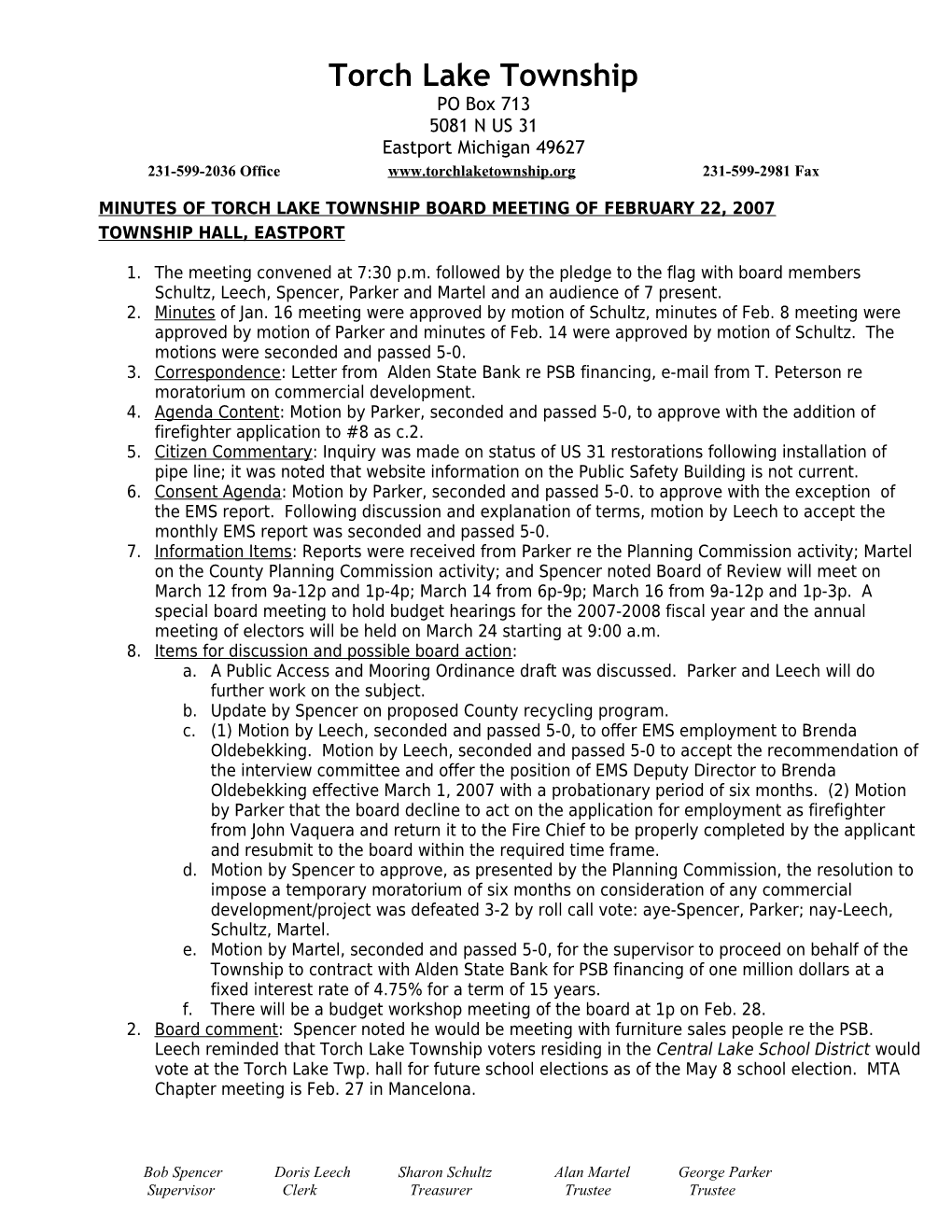 Minutes of Torch Lake Township Board Meeting of February 22, 2007