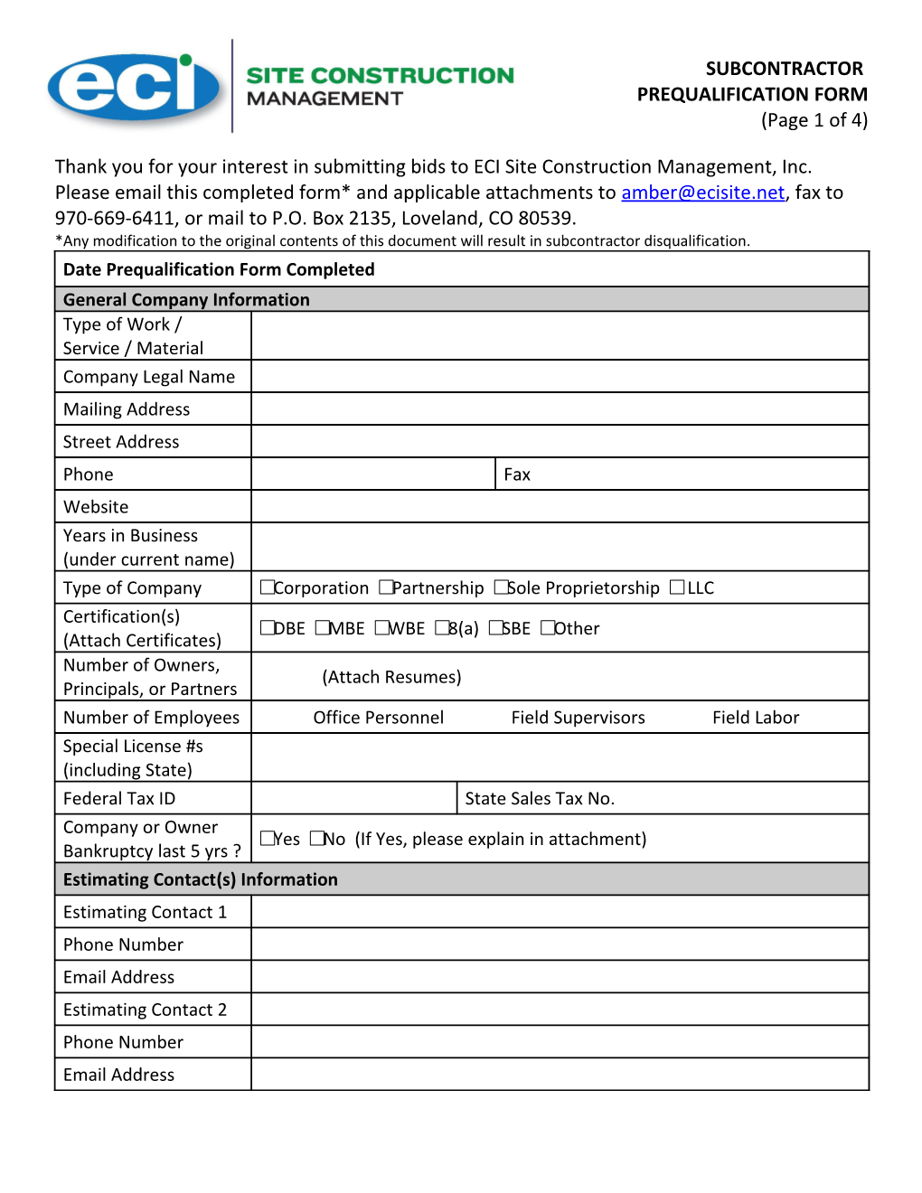 Subcontractor Pre-Qualification Form