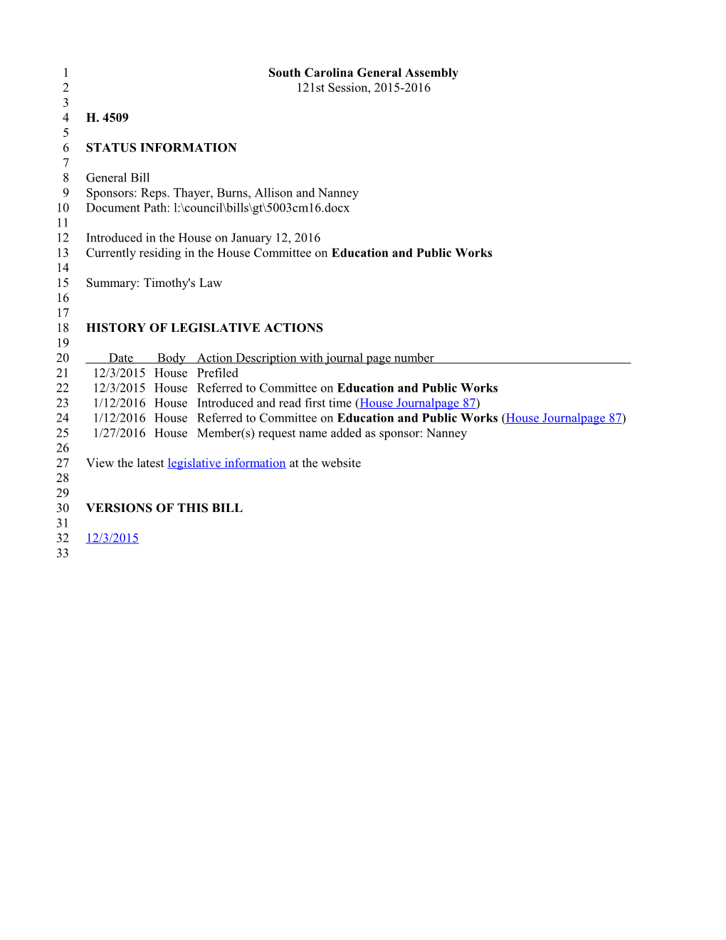 2015-2016 Bill 4509: Timothy's Law - South Carolina Legislature Online